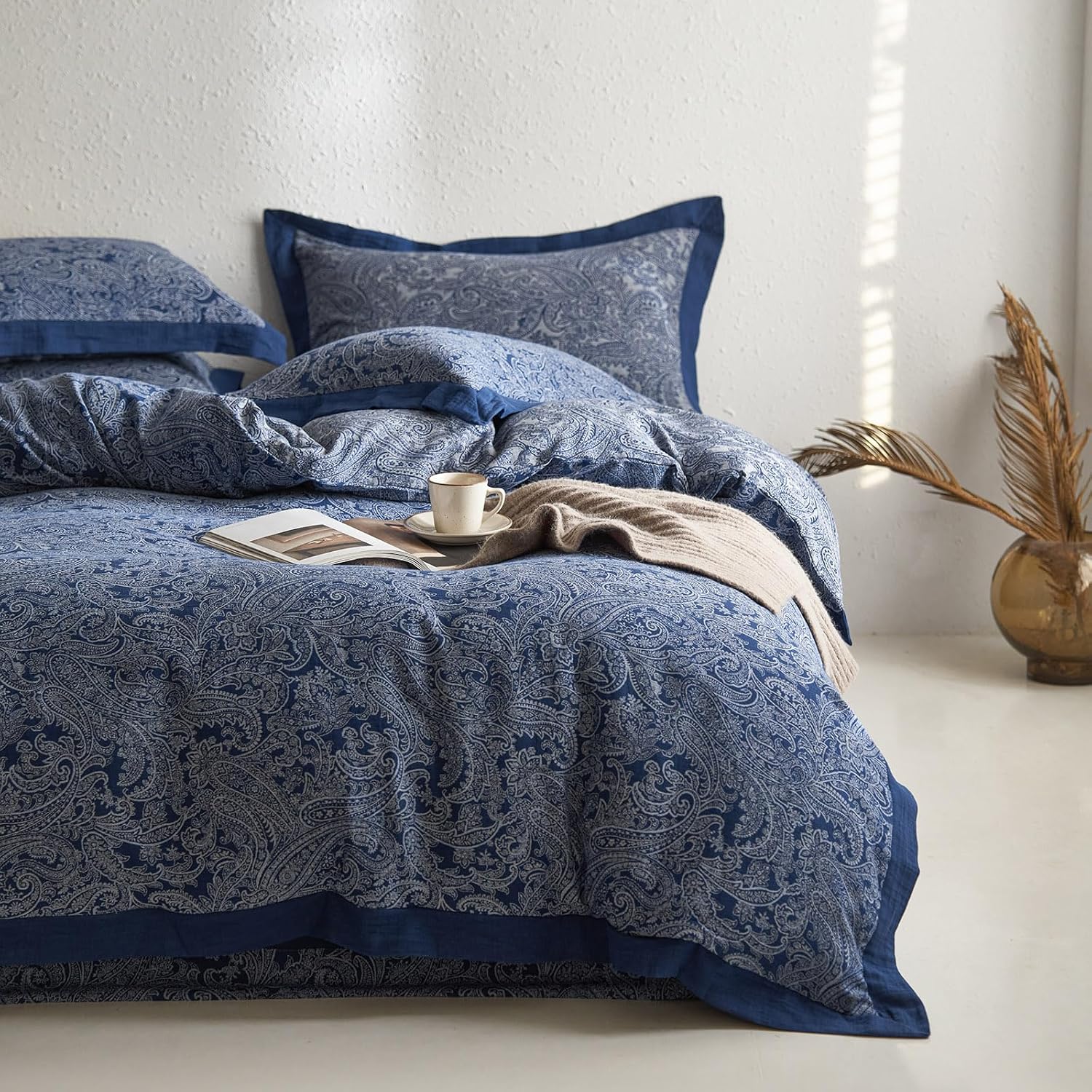 mixinni Muslin Cotton Vintage Navy Blue Paisley Floral Duvet Cover Queen Size 3pcs Yarn Dyed Burgundy Jacquard Weave Bedding Comforter Cove…