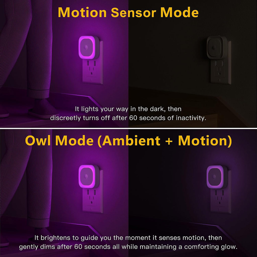 Yunlex 2 Pack Plug in Night Light with Motion Sensor & Dusk to Dawn Sensor, 3 Sensor Modes, Purple Lights Plug into Wall, Dimmable Calming…