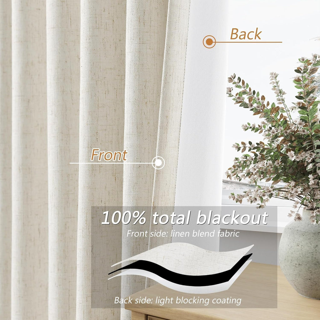 Guken 100% Blackout Extra Wide 100 Inch Linen High Ceiling 10FT Curtains 120 Inches Long for Bedroom Sliding Door Natural Cream Back Tab Bl…