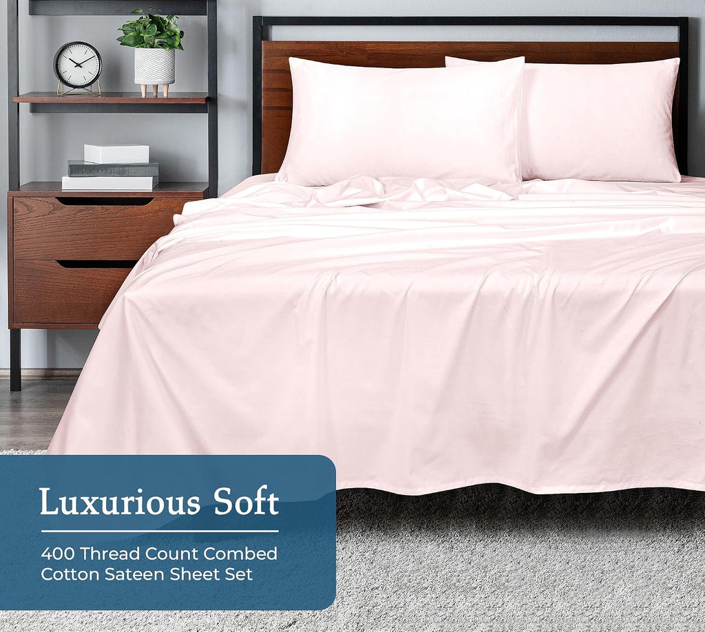 Royalelinens ROYALE LINENS 400 Thread Count 100% American Grown Cotton 4 Piece Sateen King Sheet Set - 1 Fitted Sheet, 1 Flat Sheet, 2 Pill…