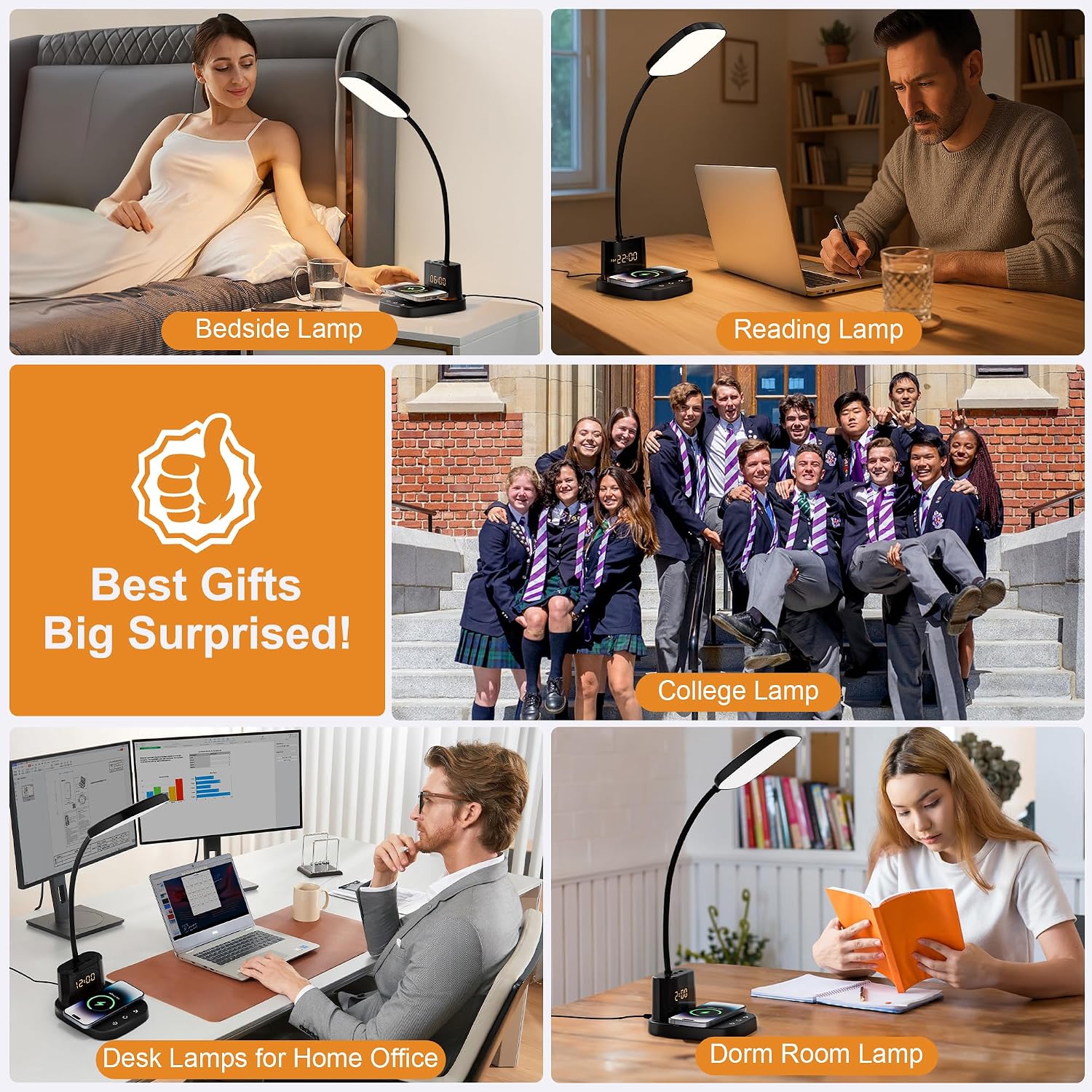 Desk Lamp, Bedside Table Lamps with Wireless Charger and Clock, 30Mins Auto-Off Night Light Lamp, 3 Color Modes Dimmable Touch 800LM CRI…