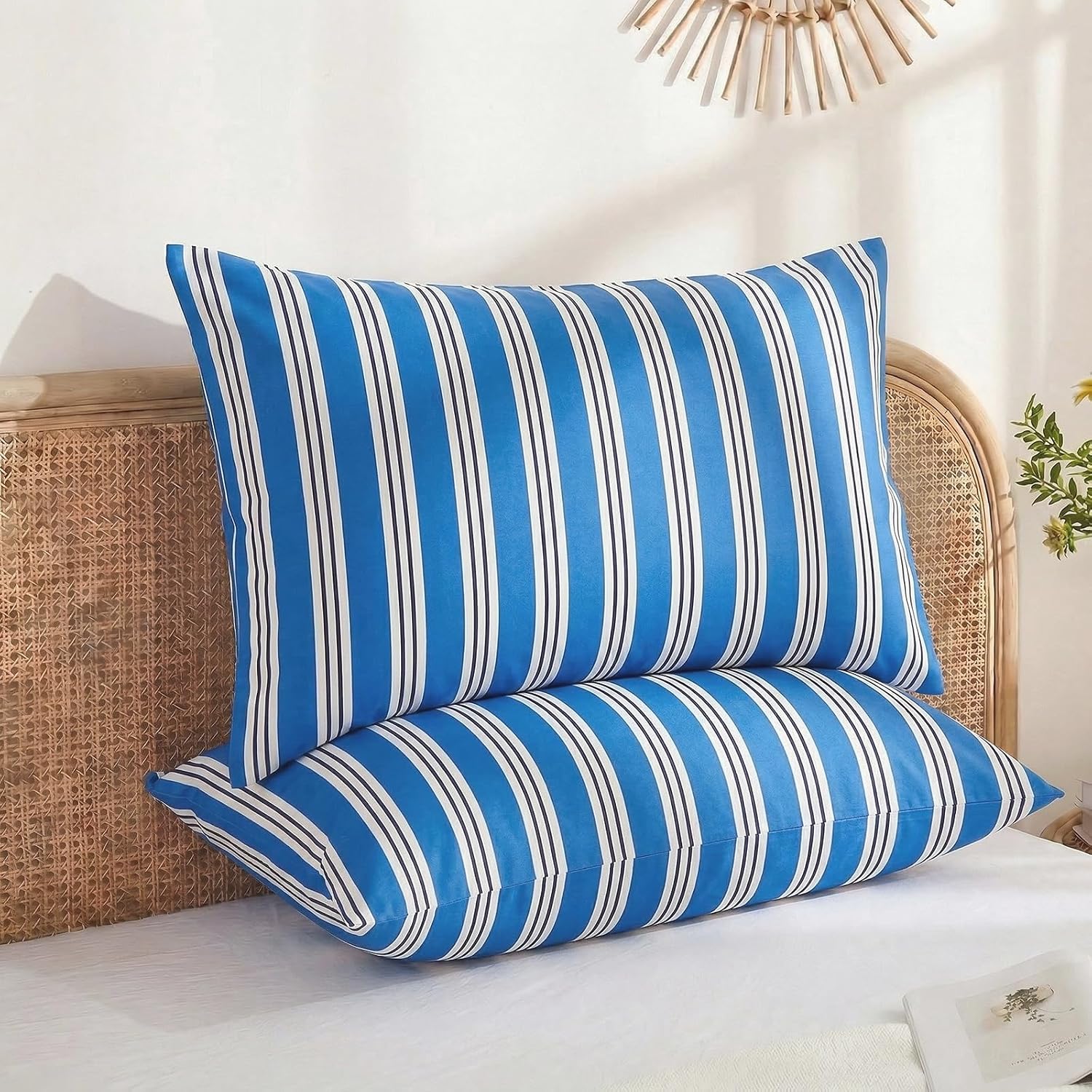 Merryword Queen Size Pillowcases, 100% Cotton Pillow Cases, Blue Striped Pillowcases, Soft Breathable Ribbon Stripe Pillow Covers, Set of 2…
