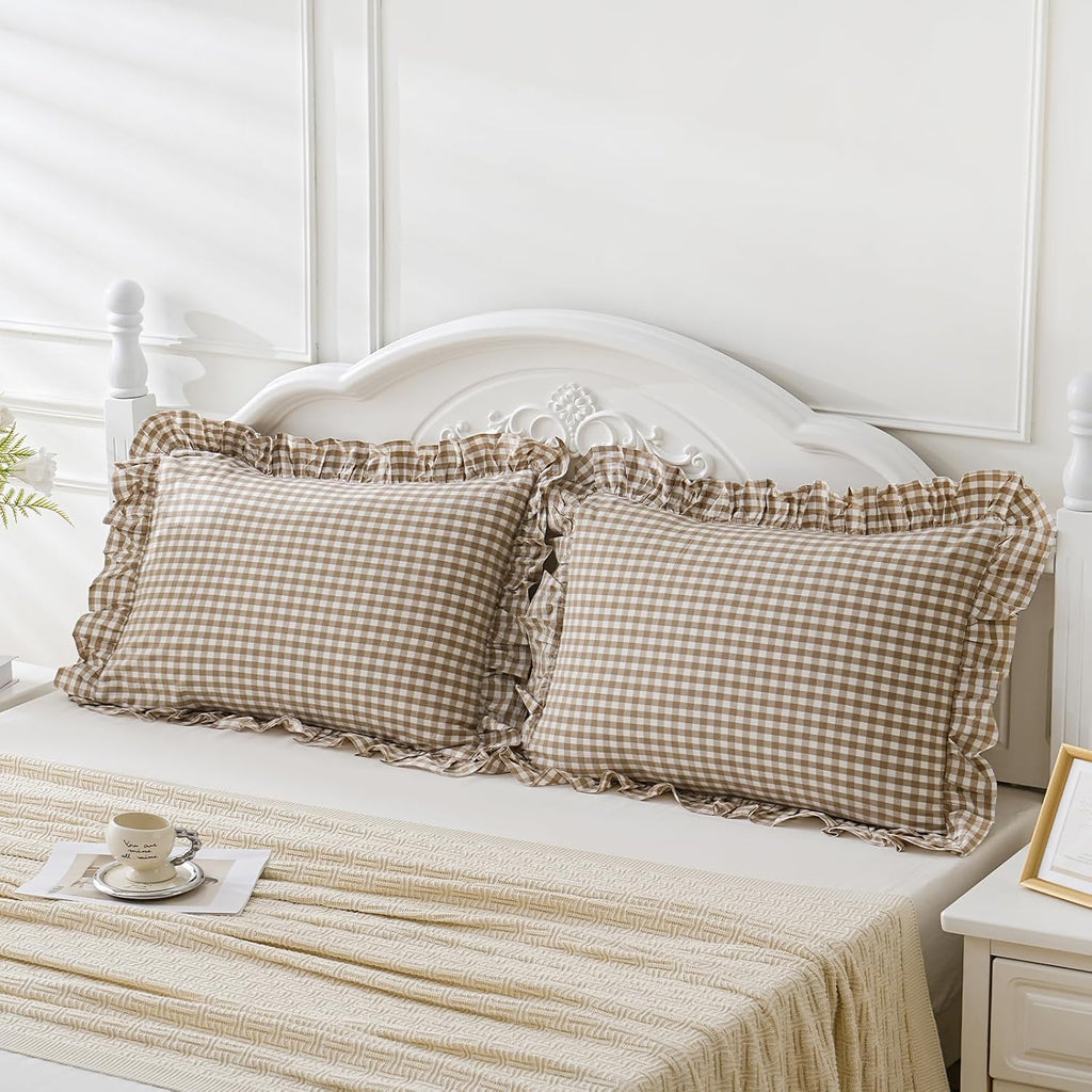 Qilunn 2 Pack Taupe White Plaid Gingham Ruffle Pillow Shams Standard Size 20x26 inches, 100% Washed Cotton Checkered Farmhouse Pillow Cover…