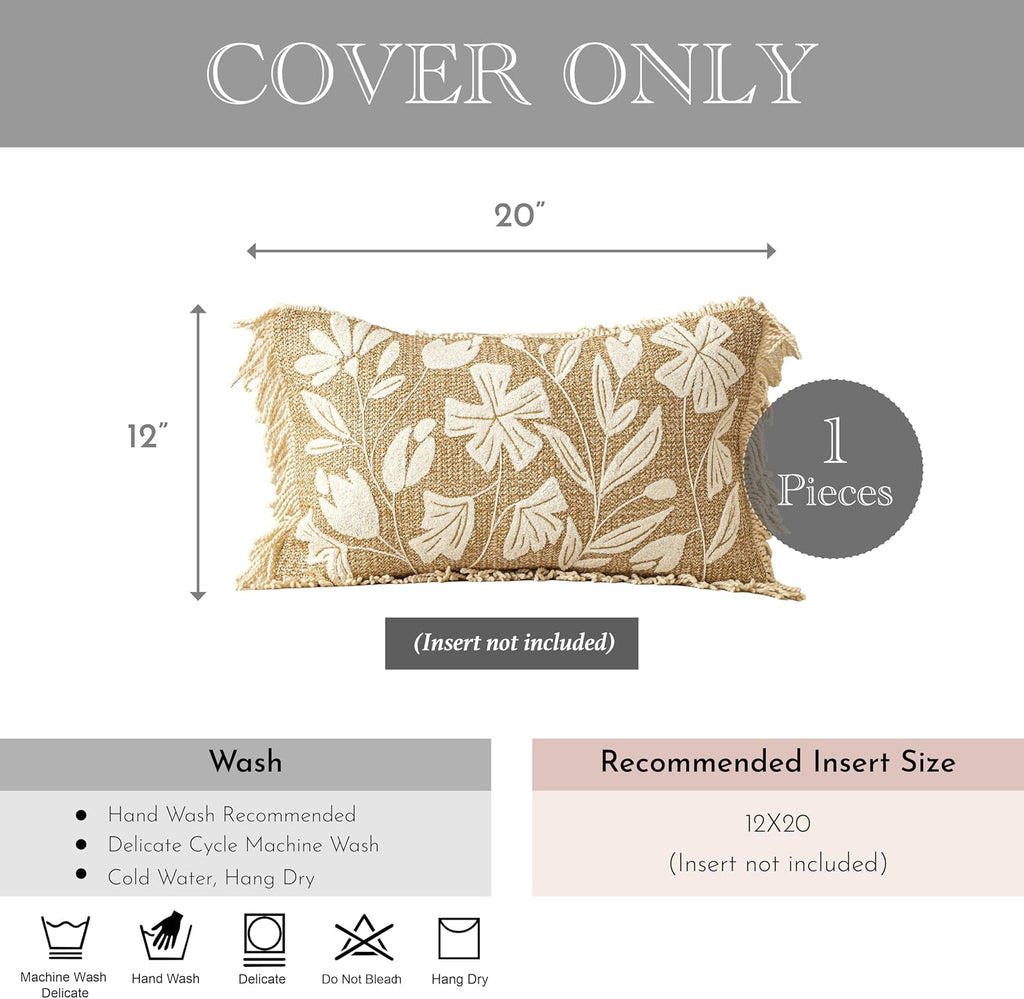 BlissBlush Jute Decorative Spring Accent Lumbar Throw Pillow Cover 12X20, Neutral Floral Farmhouse Textured Pillowcase for Couch Sofa…