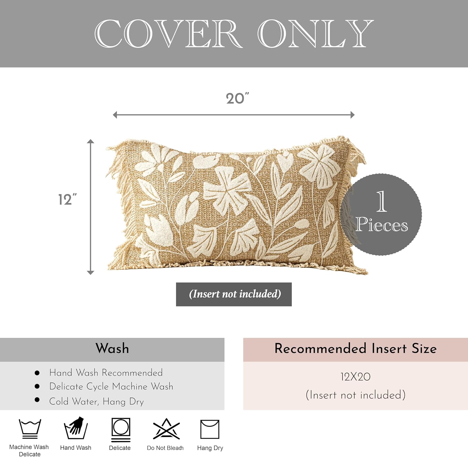 BlissBlush Jute Decorative Spring Accent Lumbar Throw Pillow Cover 12X20, Neutral Floral Farmhouse Textured Pillowcase for Couch Sofa…