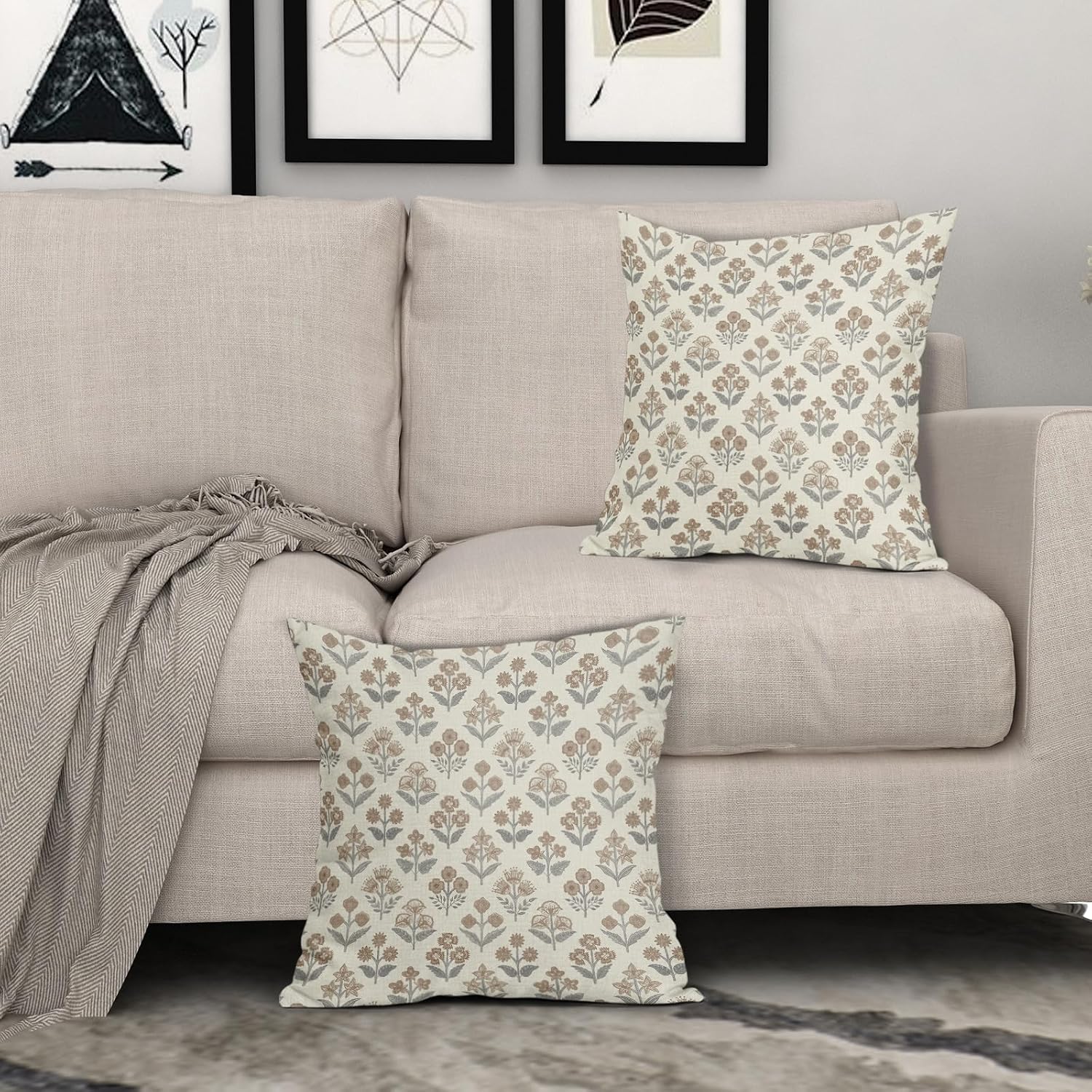 Brown Grey Gray Floral Block Print Pillow Covers 18x18 Inch Set of 2, Vintage Flower Pattern Decorative Throw Pillowcases Outdoor…