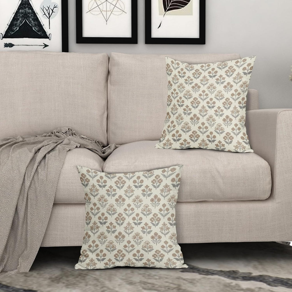 Brown Grey Gray Floral Block Print Pillow Covers 20x20 Inch Set of 2, Vintage Flower Pattern Decorative Throw Pillowcases Outdoor…