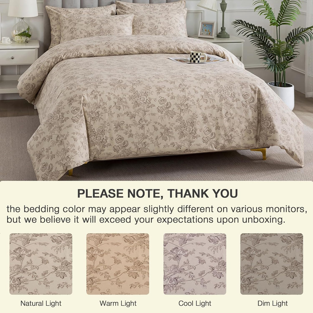 Puralens Beige Floral Duvet Cover, Queen Size 100% Cotton Percale Shabby Flower Patterned Chic Bed Cover Set, Soft Crisp Zipper Reversible…