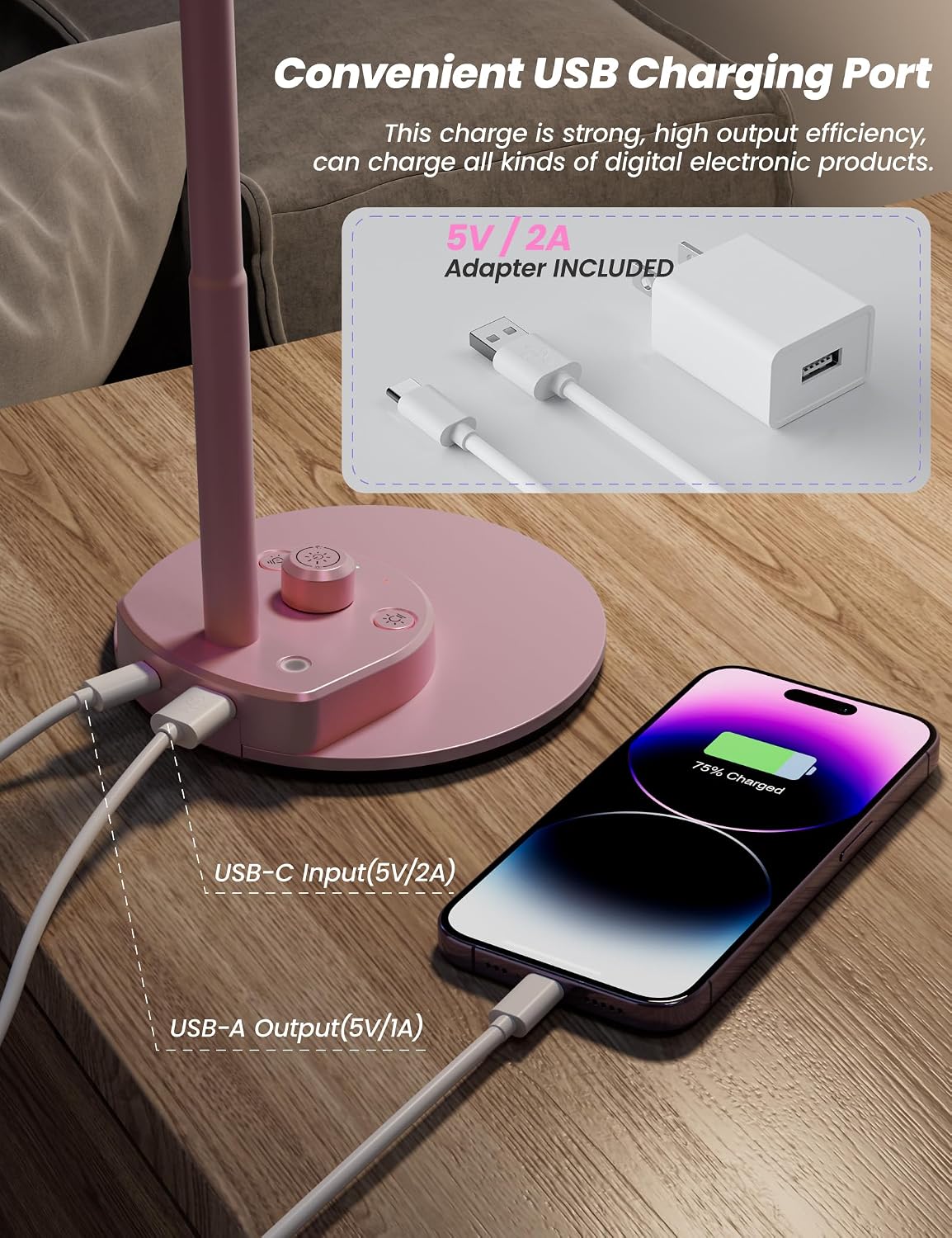 BOHON Cute Desk Lamp with USB Charging Port, Pink Lamp 3 Color Modes Dimmable LED Reading Lamp, Flexible Neck Auto Dimming Table Task…