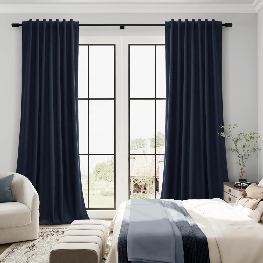 Guken Navy Blue 100% Blackout Linen Curtains for Bedroom 90 Inches Long 2 Panels Set Elegant Textured Back Tab Hook Belt Room Darkening The…