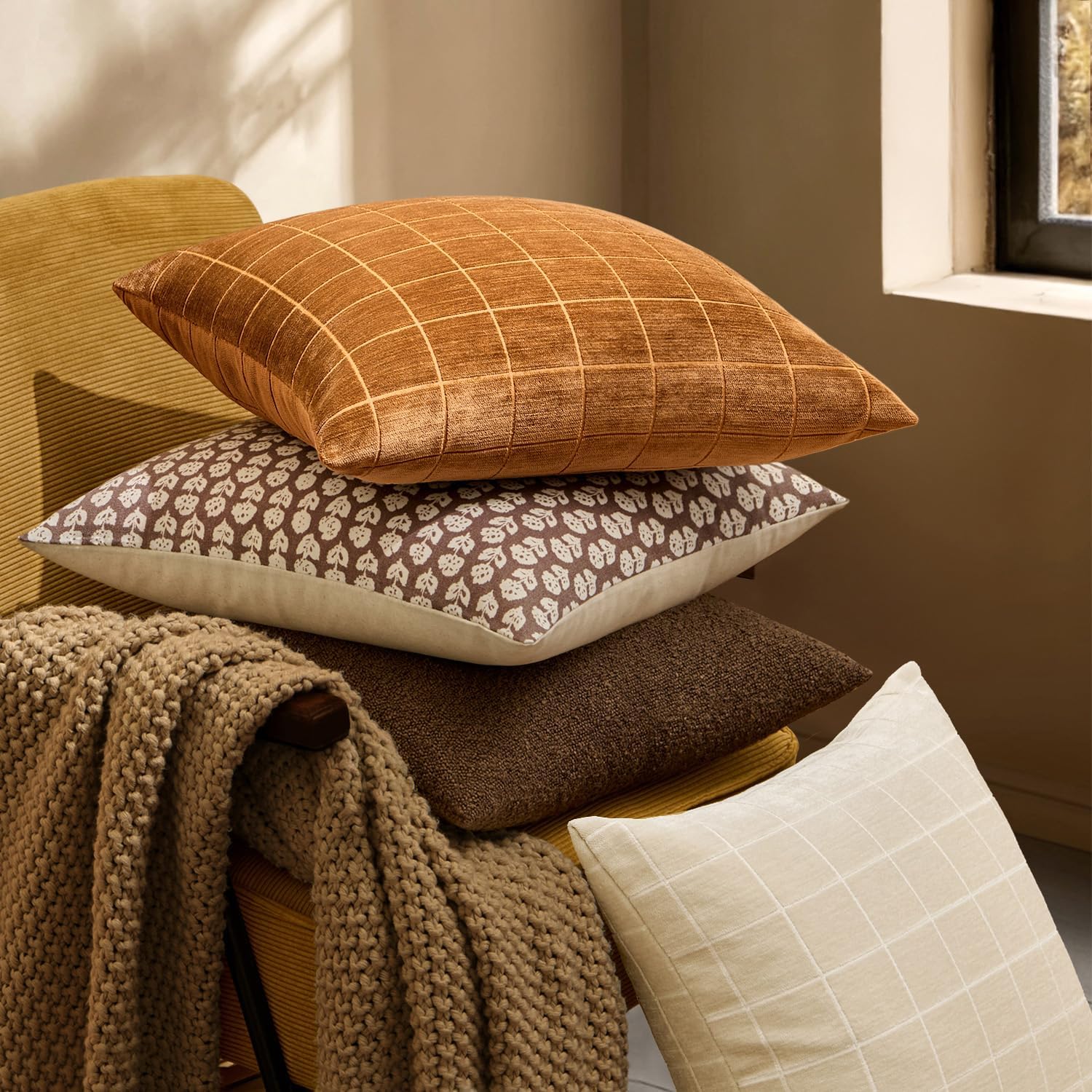 Miulee Decorative Chenille Check Throw Pillow Covers Vintage Plaid Couch Pillows 18x18 Inch Set of 2 Neutral Boho Farmhouse Cushion Covers…