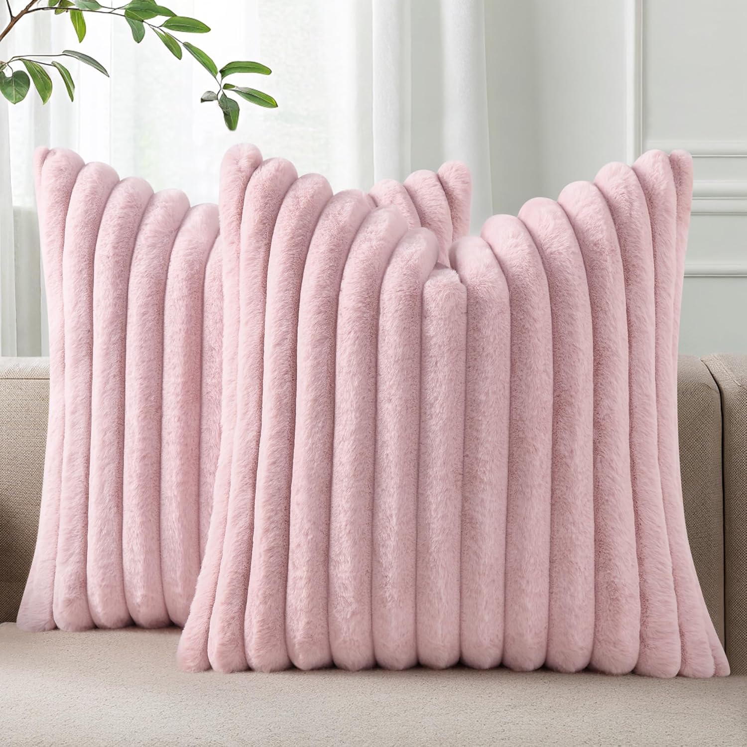 Pallene Faux Fur Plush Throw Pillow Covers 22x22 Set of 2, Luxury Soft Fluffy Striped Decorative Pillow Covers for Sofa, Couch, Living…