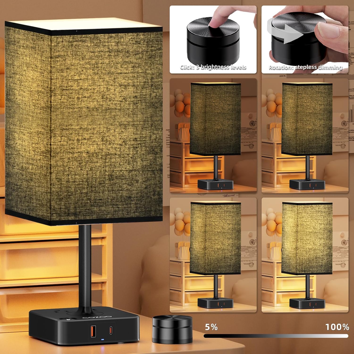 Table Lamp with Remote Operation Control for Bedroom, Dimmable Bedside Table Desk Light with USB C+A Charging Ports 2 AC…