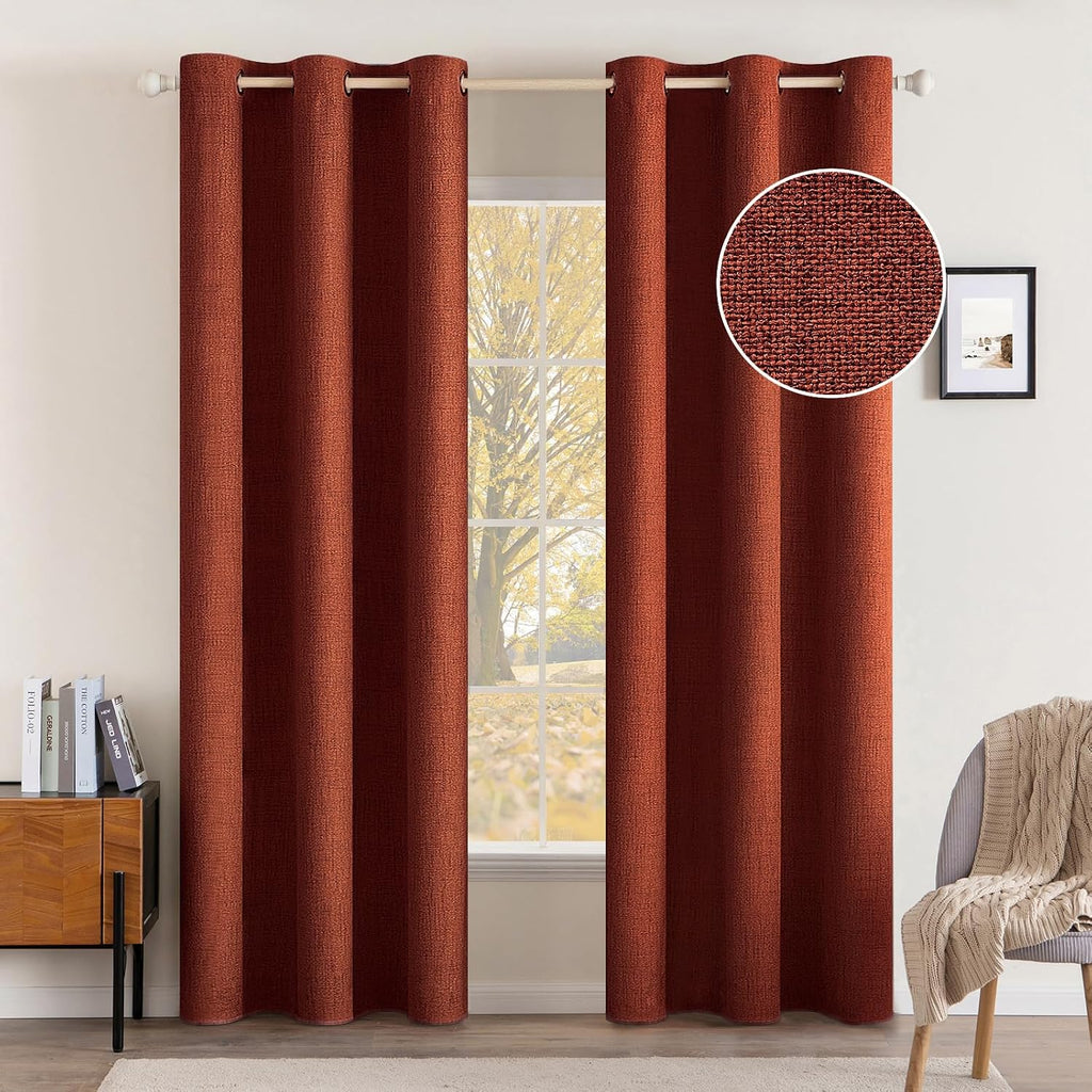 Miulee 100% Blackout Linen Curtains Thermal Insulated Burnt Orange Fall Curtains Grommet Room Darkening for Living Room Bedroom Nursery Rus…