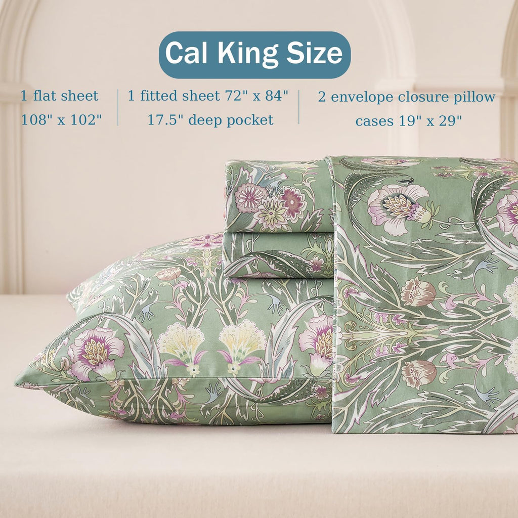 Softtouchsweetdreams Callifornia King Boho Sheets Silky Green Floral Bed Sheet Set 100% Cotton Satin Weave Botanical Leaf Printed Cooling S…