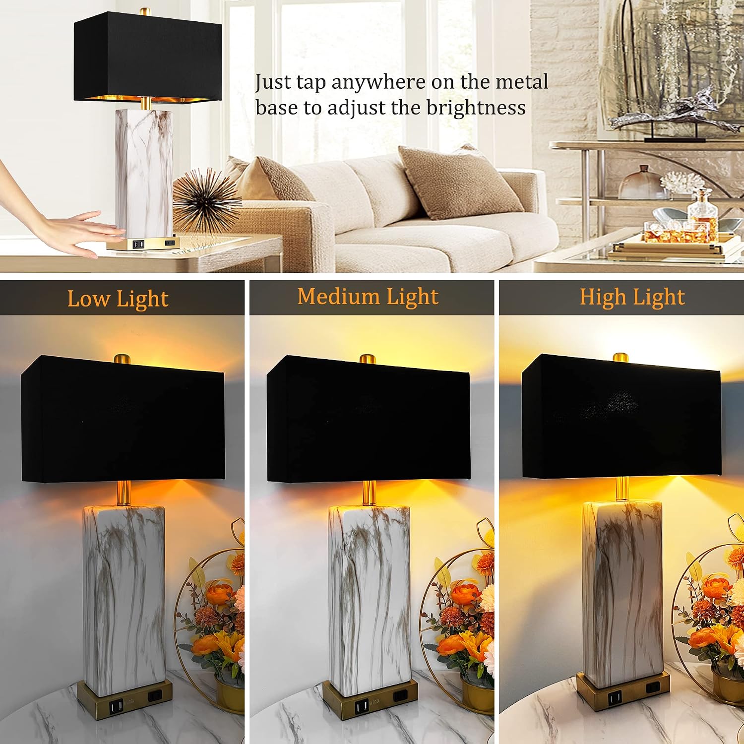 Touch Control Table Lamps Set of 2, Modern Contemporary Bedside Lamp with 2 USB Ports 1 AC Outlet, 3-Way Dimmable Nightstand Lamp Faux…