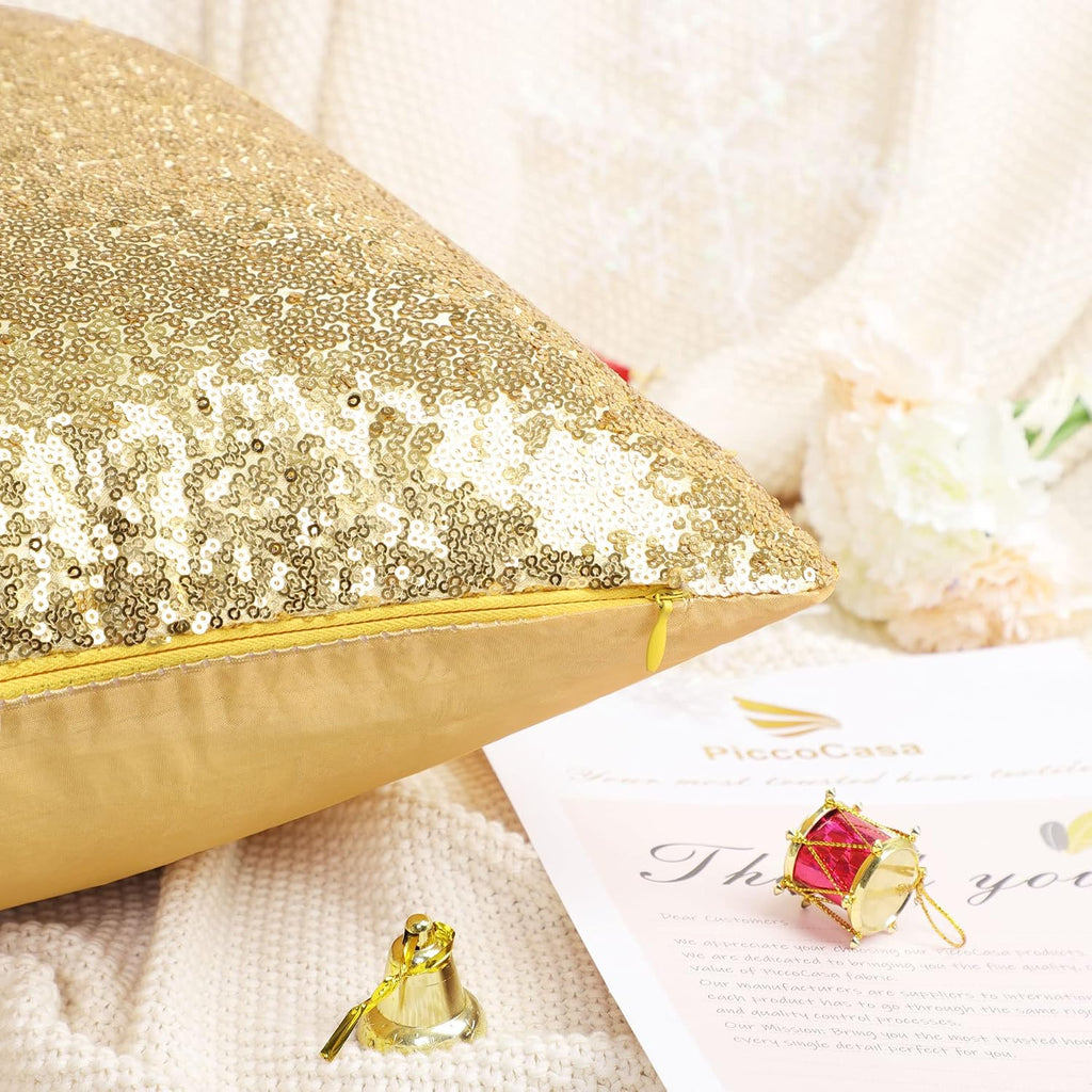 uxcell 2 Pcs Gold Tone Sequin Throw Pillow Covers, Shiny Sparkling Comfy Satin Sequin Cushion Covers, Decorative Pillowcases for…