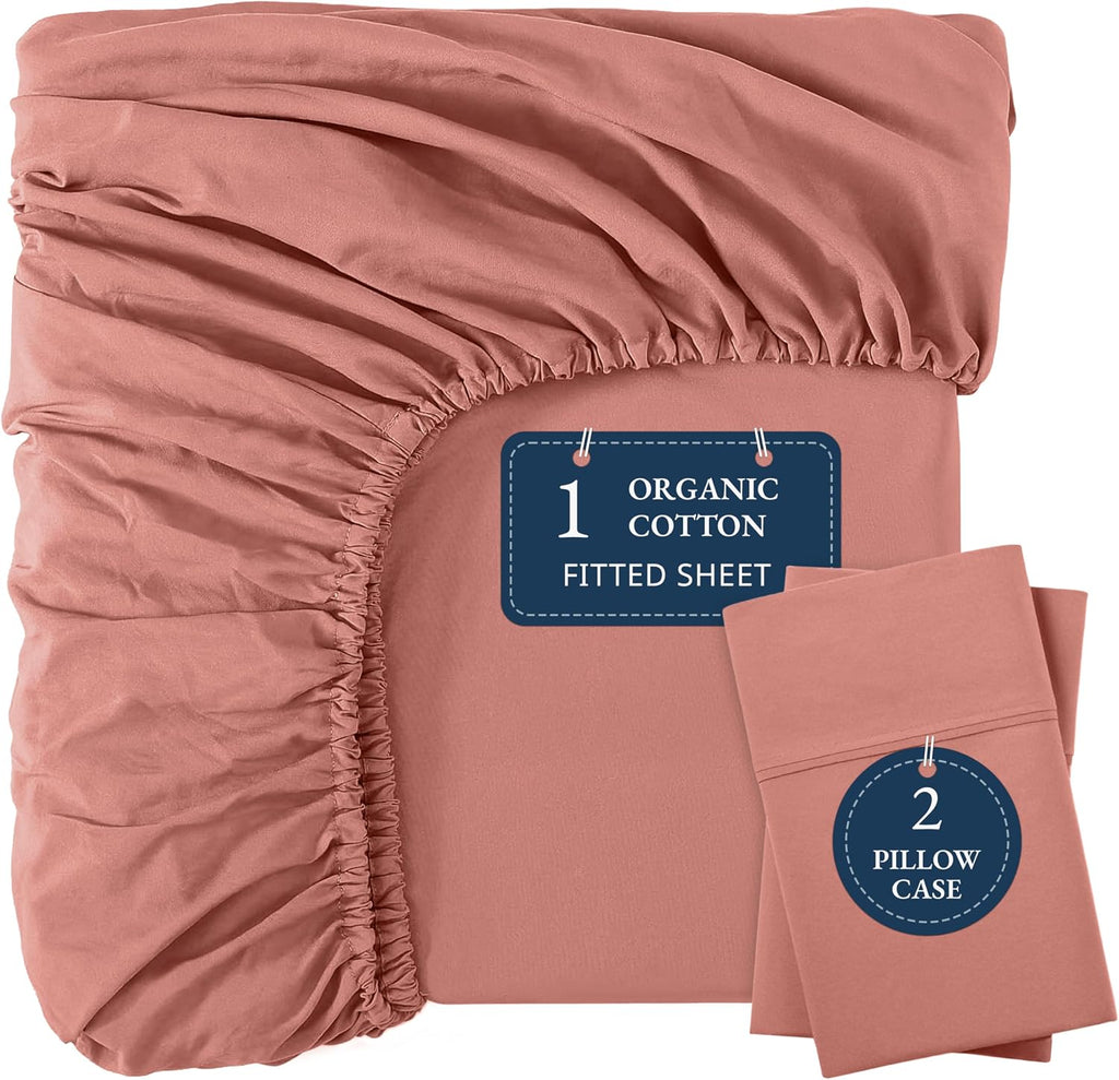 LANE LINEN 100% Organic Cotton Queen Size Fitted Sheet Only (+Pillowcases) 3-Piece Set Soft & Comfy Hotel Style Percale Weave Fully…
