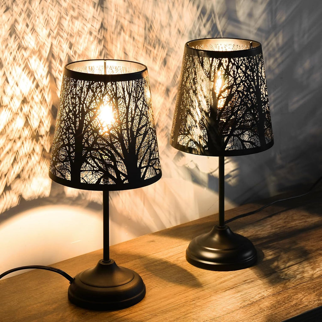3 Level Dimmable Touch Table Lamps Set of 2, Black Metal Tree Pattern Shadow Lamp, Small Bedside Night Light for Kids, Vintage Accent…