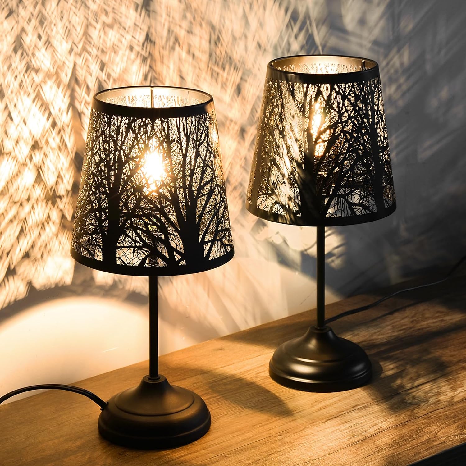 3 Level Dimmable Touch Table Lamps Set of 2, Black Metal Tree Pattern Shadow Lamp, Small Bedside Night Light for Kids, Vintage Accent…