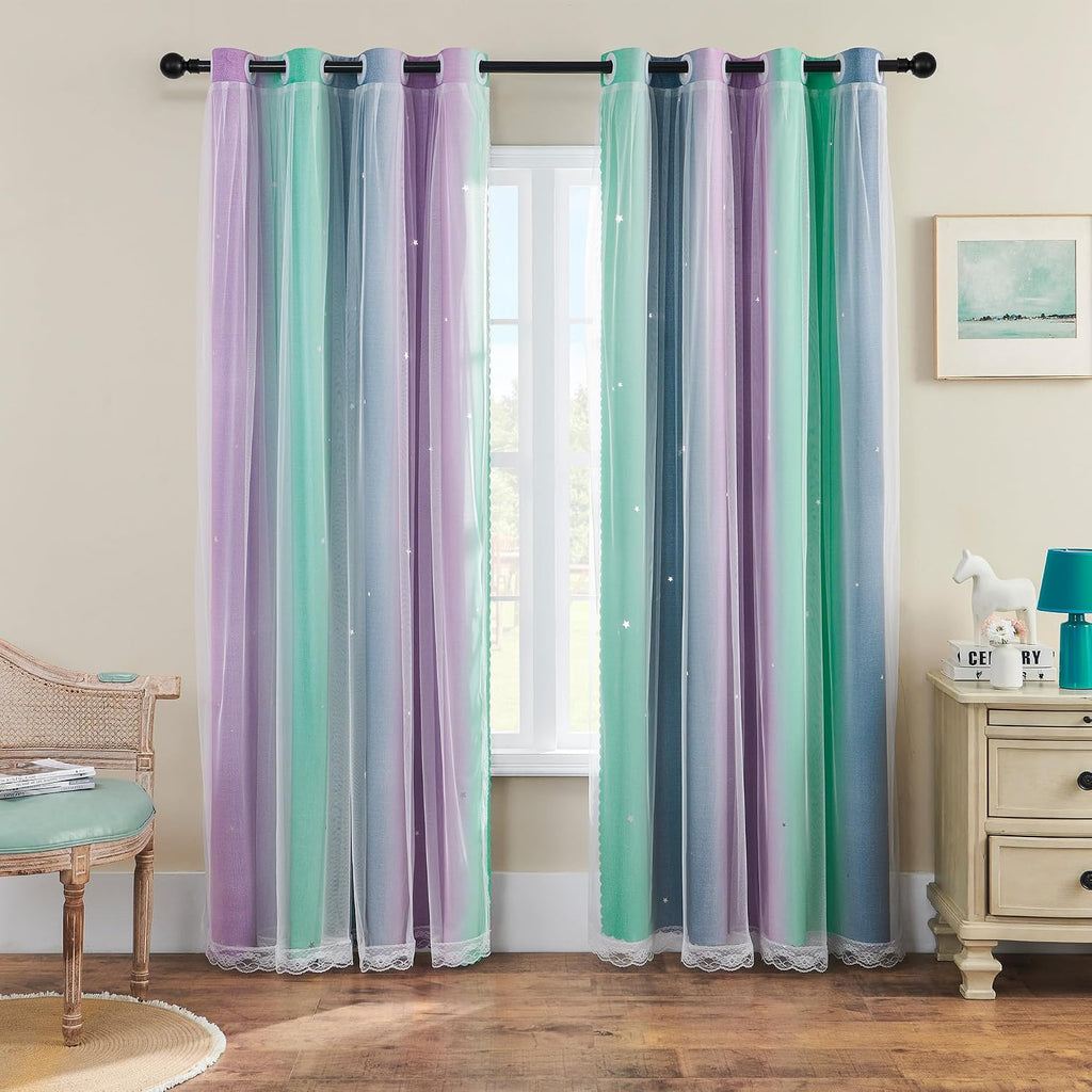 Addsomecolortolife XiDi Purple Grey Curtains for Kids Bedroom, Princess Room Decor Green Curtain, Cute Curtains Blackout, Curtains Girls Be…