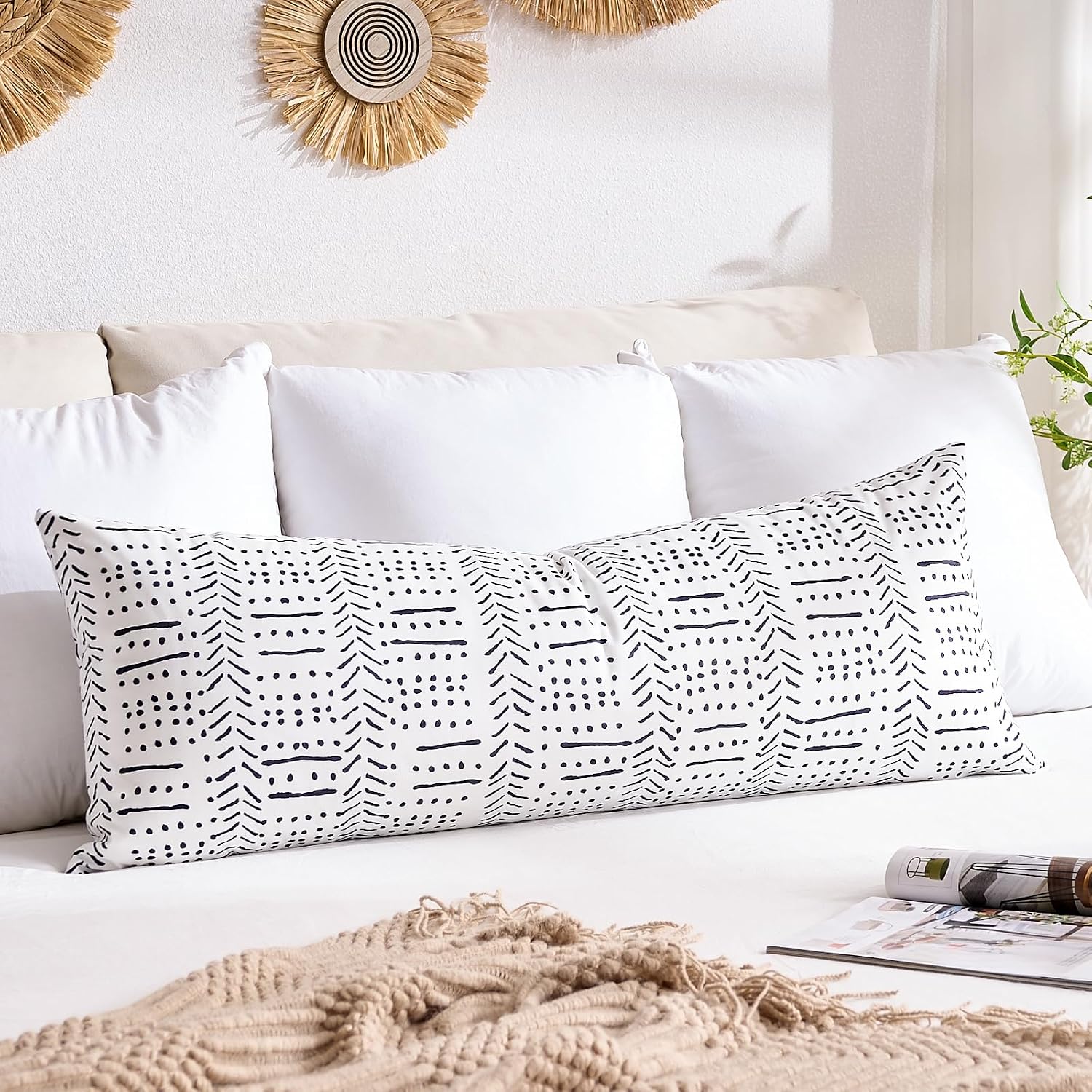 BONSTRAP White Boho Body Pillows Covers Decorative Long Lumbar Accent Throw Pillow Covers Large Queen 20x54 1 Piece for Bed Sleeping…