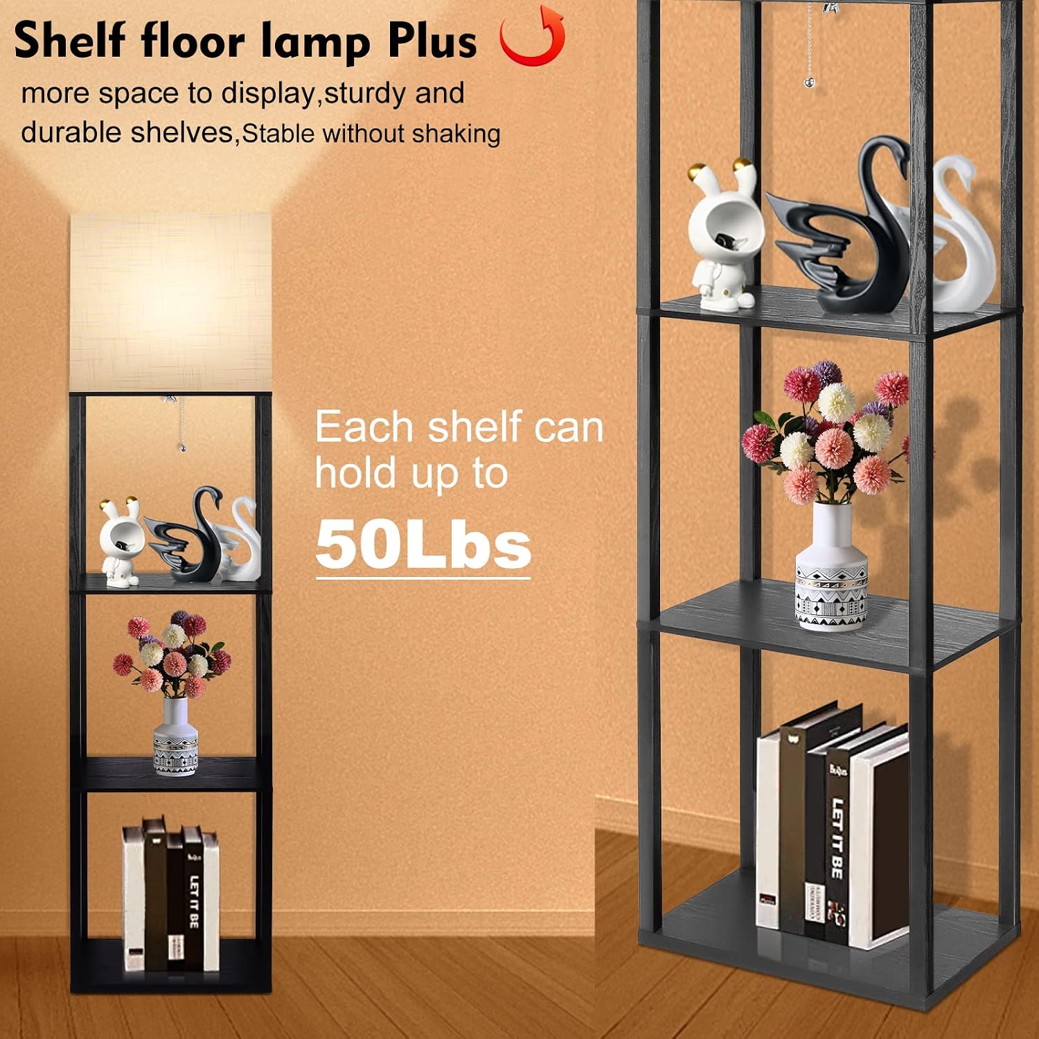 RUNTOP Plus Floor Lamp with Shelves, Shelf Lamp with 15W LED Bulb, 3 Colors, Memory Function, Wide Display Shelf for Collectibles Storge…