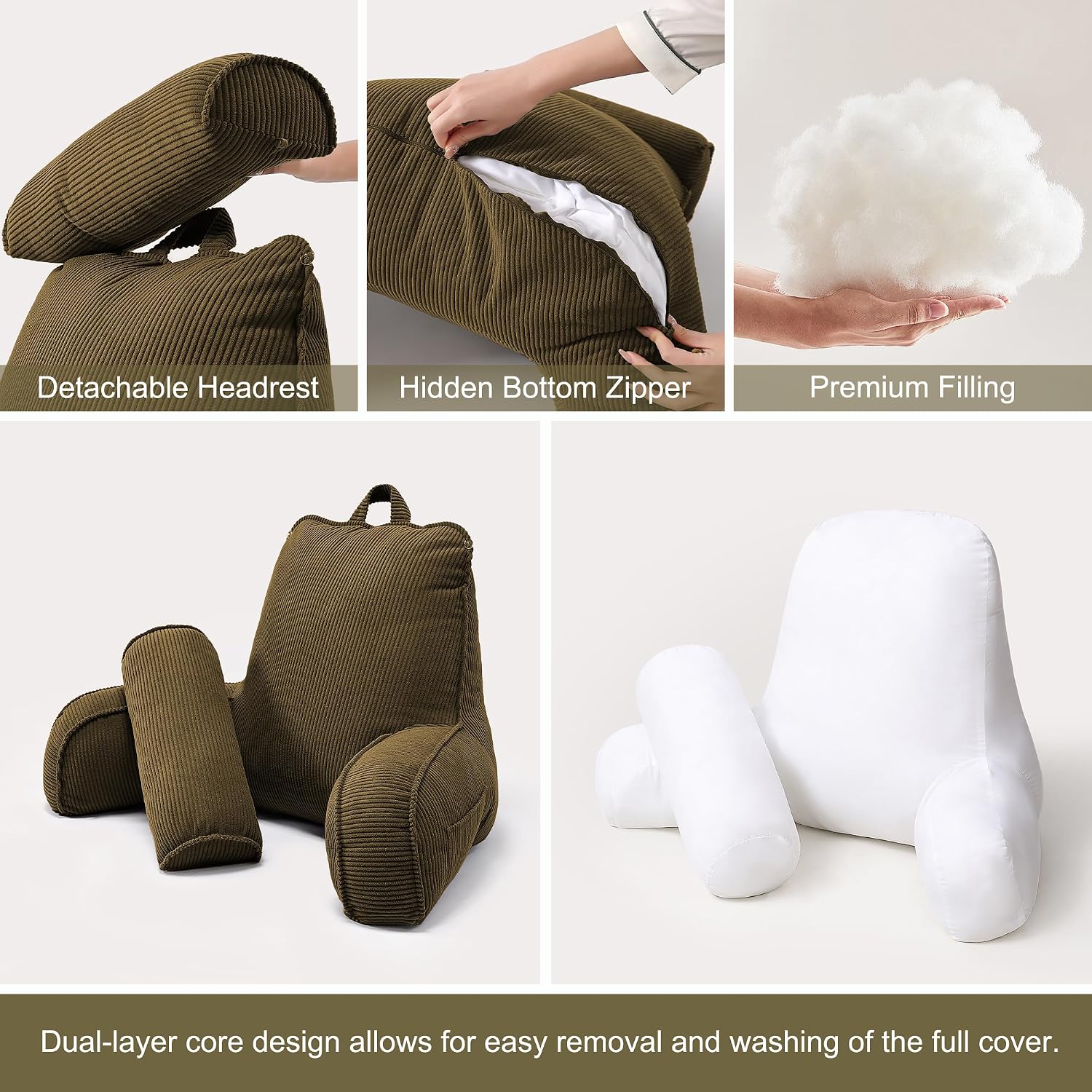 Ailuteie Bed Rest Reading Pillow with Arms & Detachable Headrest, Corduroy Backrest Cushion with Side Pockets & Washable Cover, Support for…