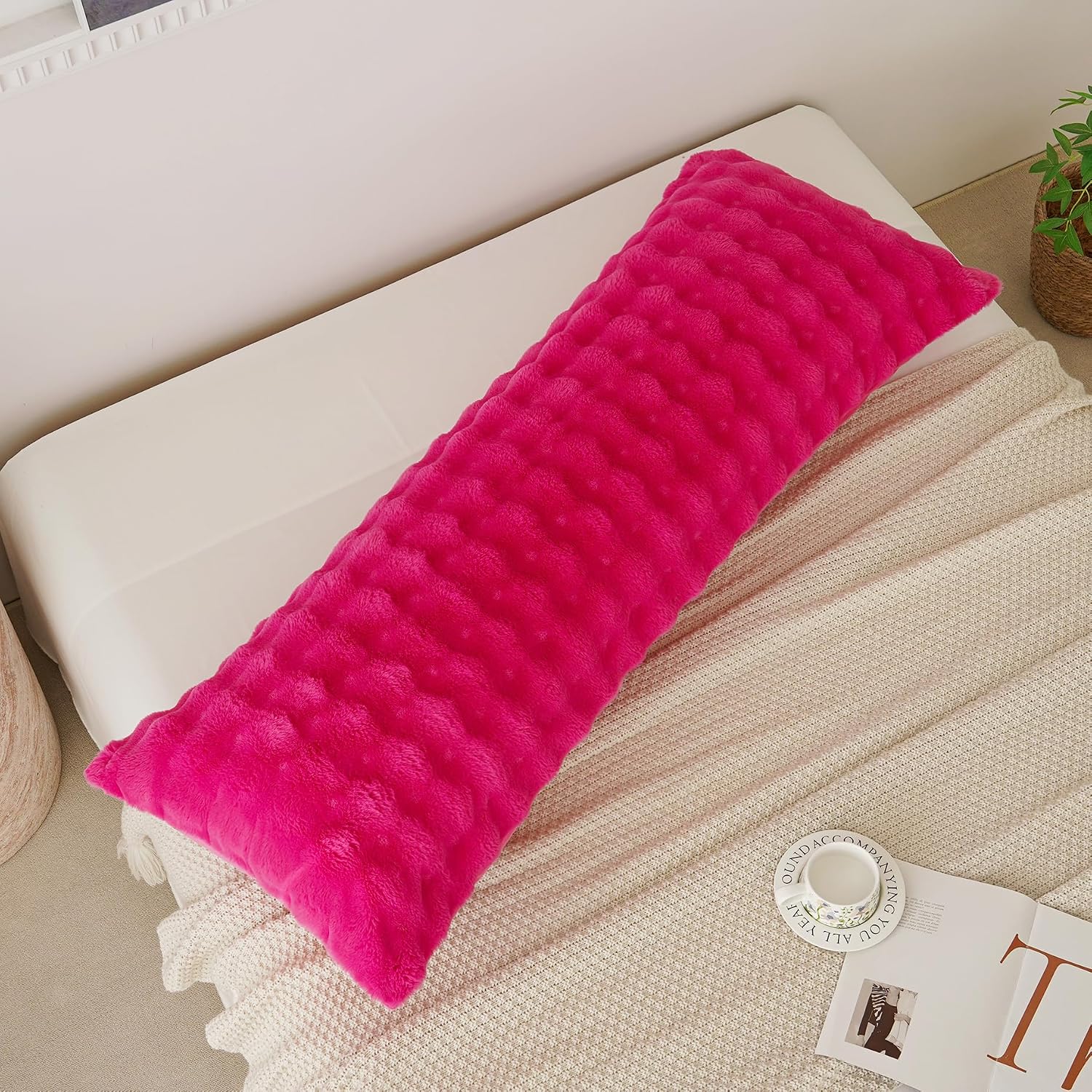 Memfydu Full Body Pillow with Fluffy Bubble Waffle Carved Faux Fur Removable Cover, Long Bed Pillow Adult 20x54 Inches for Side Sleeper and…