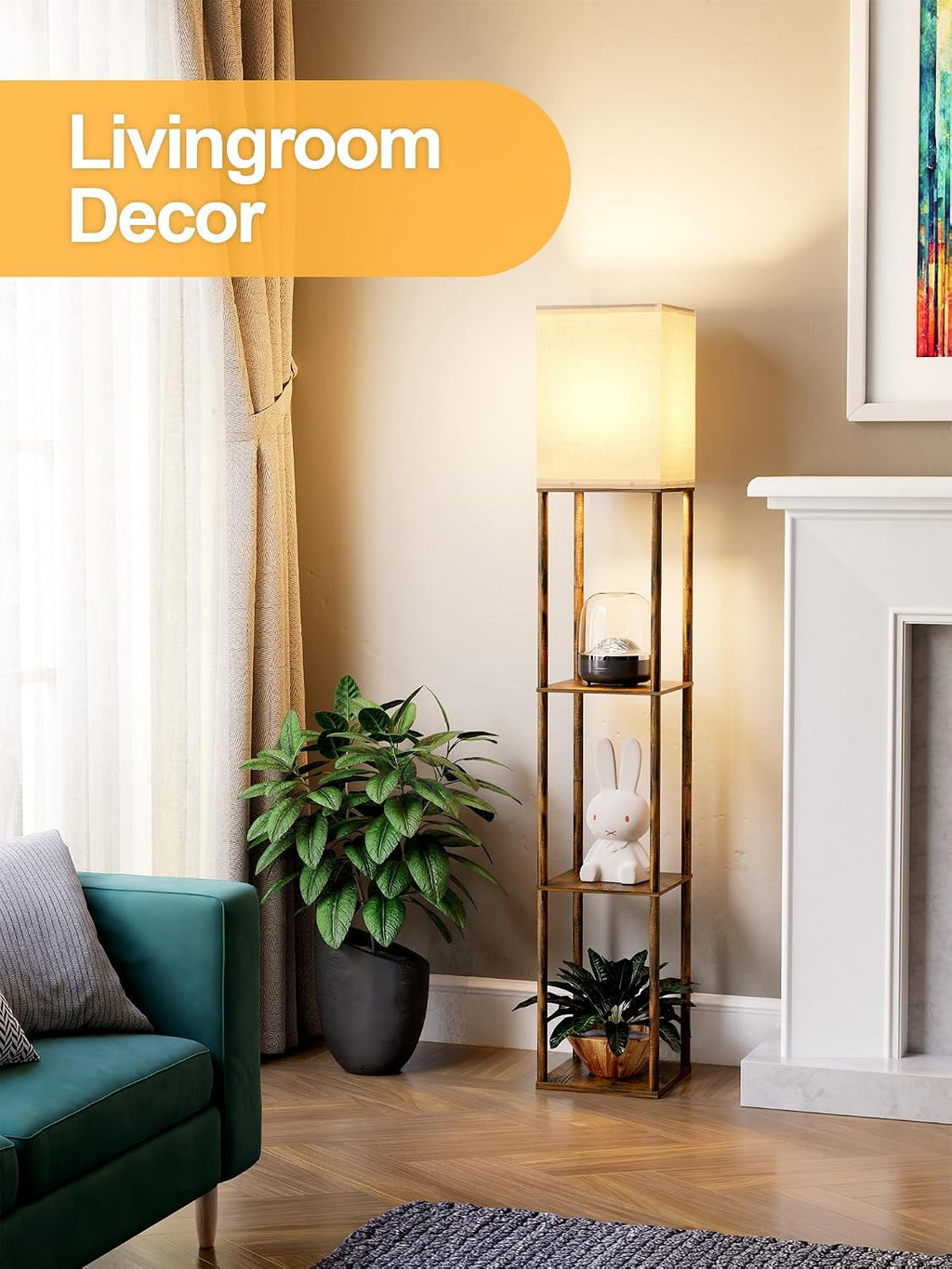 Floor Lamp with Shelves for Living Room Brown, Shelf Floor Lamp with 3 CCT LED Bulb, Corner Display Standing Column Lamp Etagere…