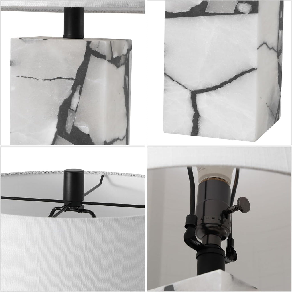 Jonathany JONATHAN Y 24.25" Black/White Modern Alabaster LED Table Lamp for Home Decor, White Linen Shade, Coastal Nightstand Lamp with Bui…