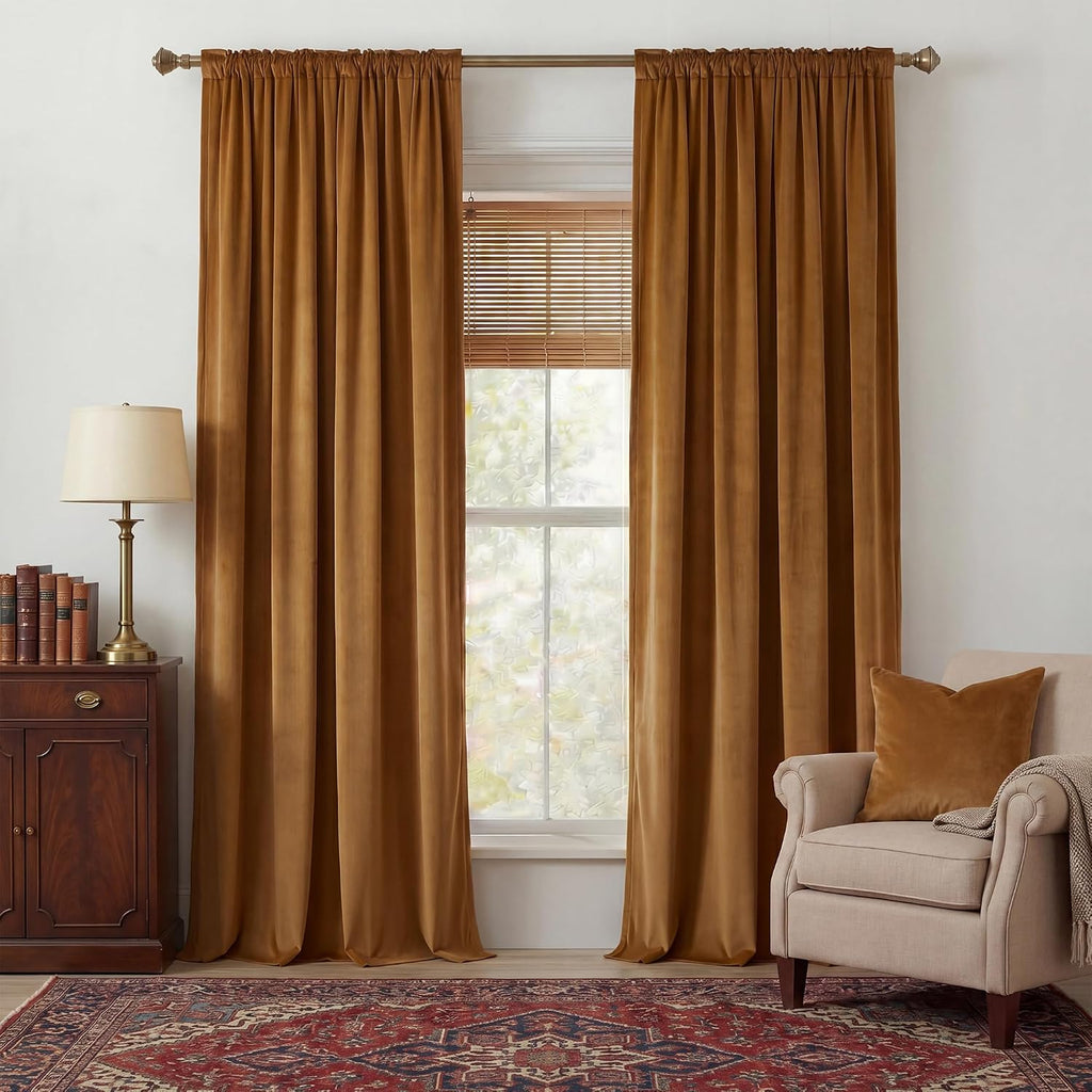 Nicetown Gold Brown Velvet Curtains 120 inch Length 2 Panels, Rod Pocket & Back Tab Room Darkening Window Treatments Winter Curtains for Li…