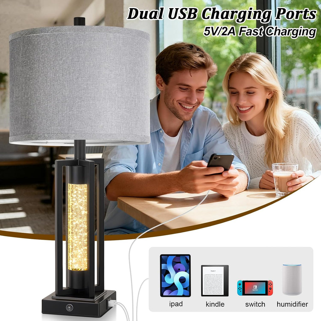 Tobusa 26’’ Farmhouse Table Lamps for Living Room Set of 2, Modern Nightstand Lamps with Crystal Night Light & 2 USB Ports, Vintage Home De…