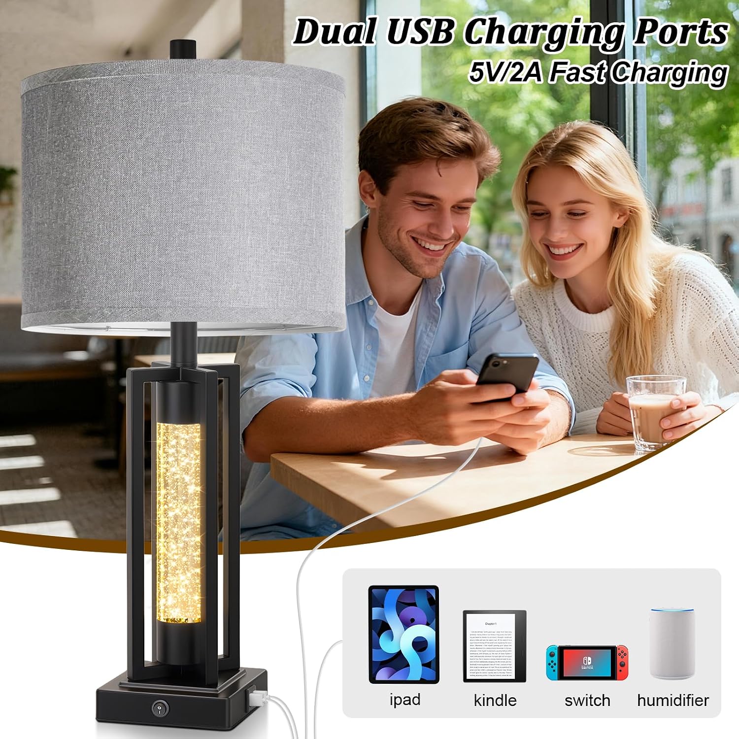 Tobusa 26’’ Farmhouse Table Lamps for Living Room Set of 2, Modern Nightstand Lamps with Crystal Night Light & 2 USB Ports, Vintage Home De…