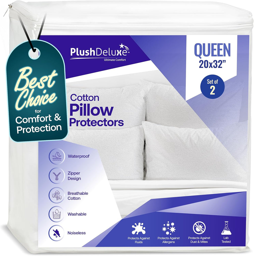 PlushDeluxe Pillow Protectors Queen Size 20”x32”, Set of 2 Zippered Pillow Encasements Made with Breathable Soft Cotton Terry Fabric, 100%…