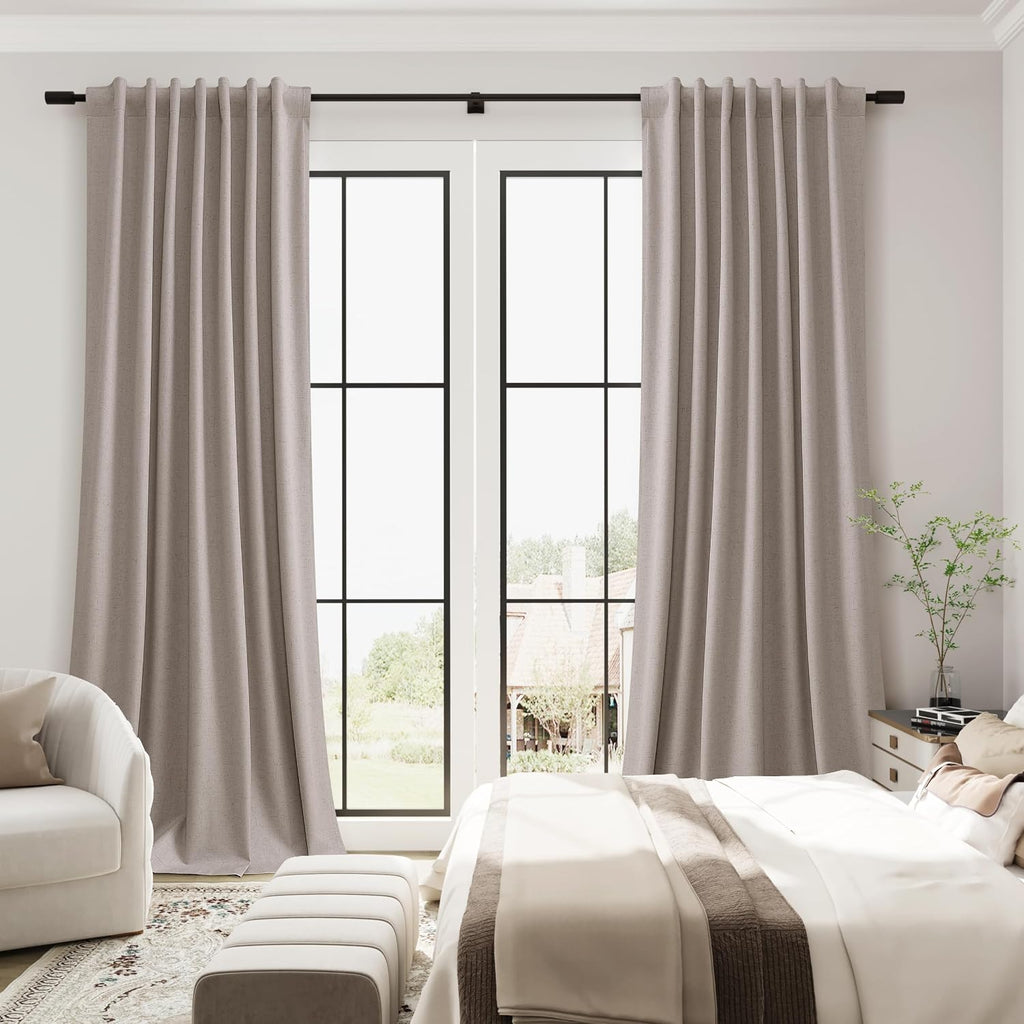 Guken Apricot Linen 100% Blackout Curtains for Bedroom 120 Inches Long 2 Panels Set Back Tab Elegant Textured Black Out Light Blocking Ther…