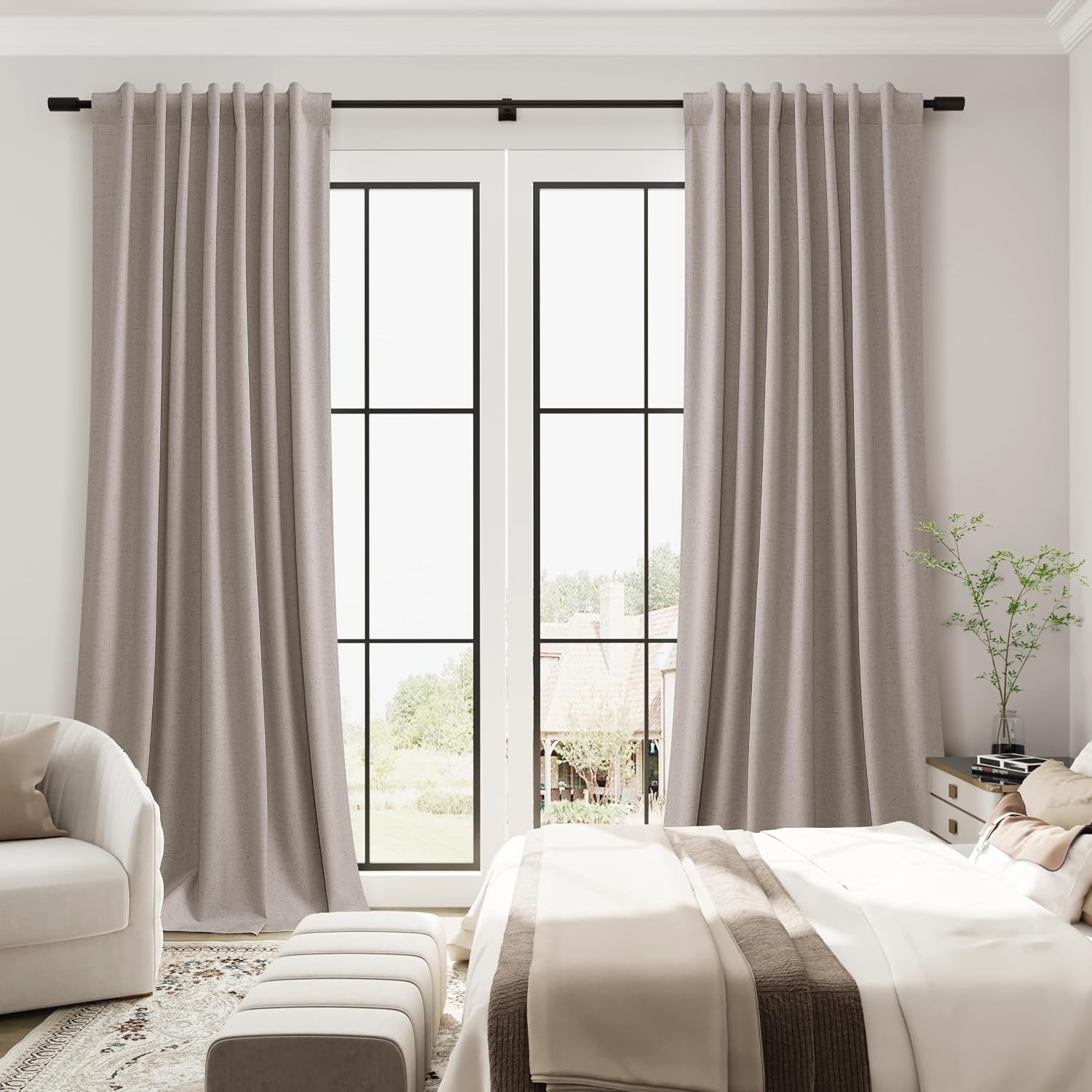 Guken Apricot Linen 100% Blackout Curtains for Bedroom 120 Inches Long 2 Panels Set Back Tab Elegant Textured Black Out Light Blocking Ther…