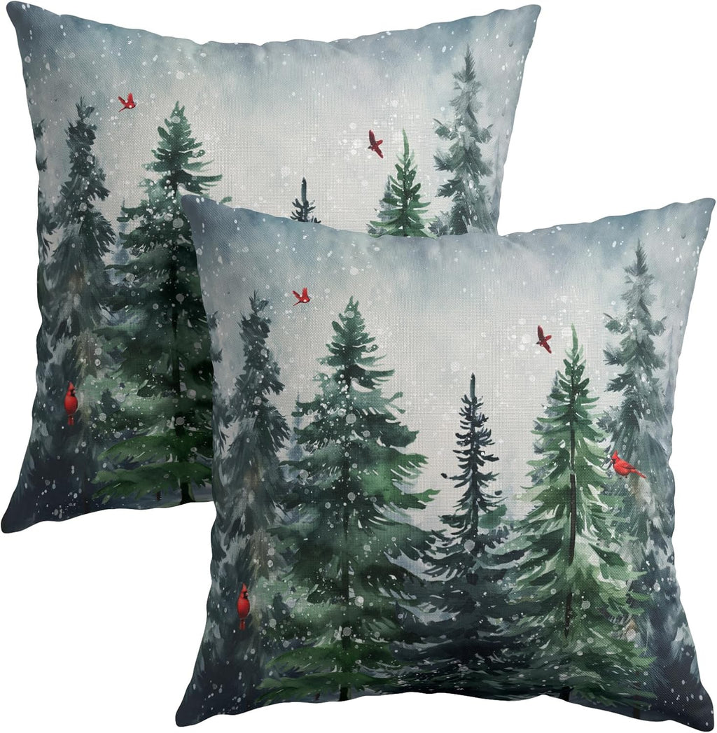 Granbey Green Tree Throw Pillow Covers Winter Snowy Forest Pillowcase 24x24 inch 2 PCS Nature Landscape Red Bird Decorative Cushion Cover f…