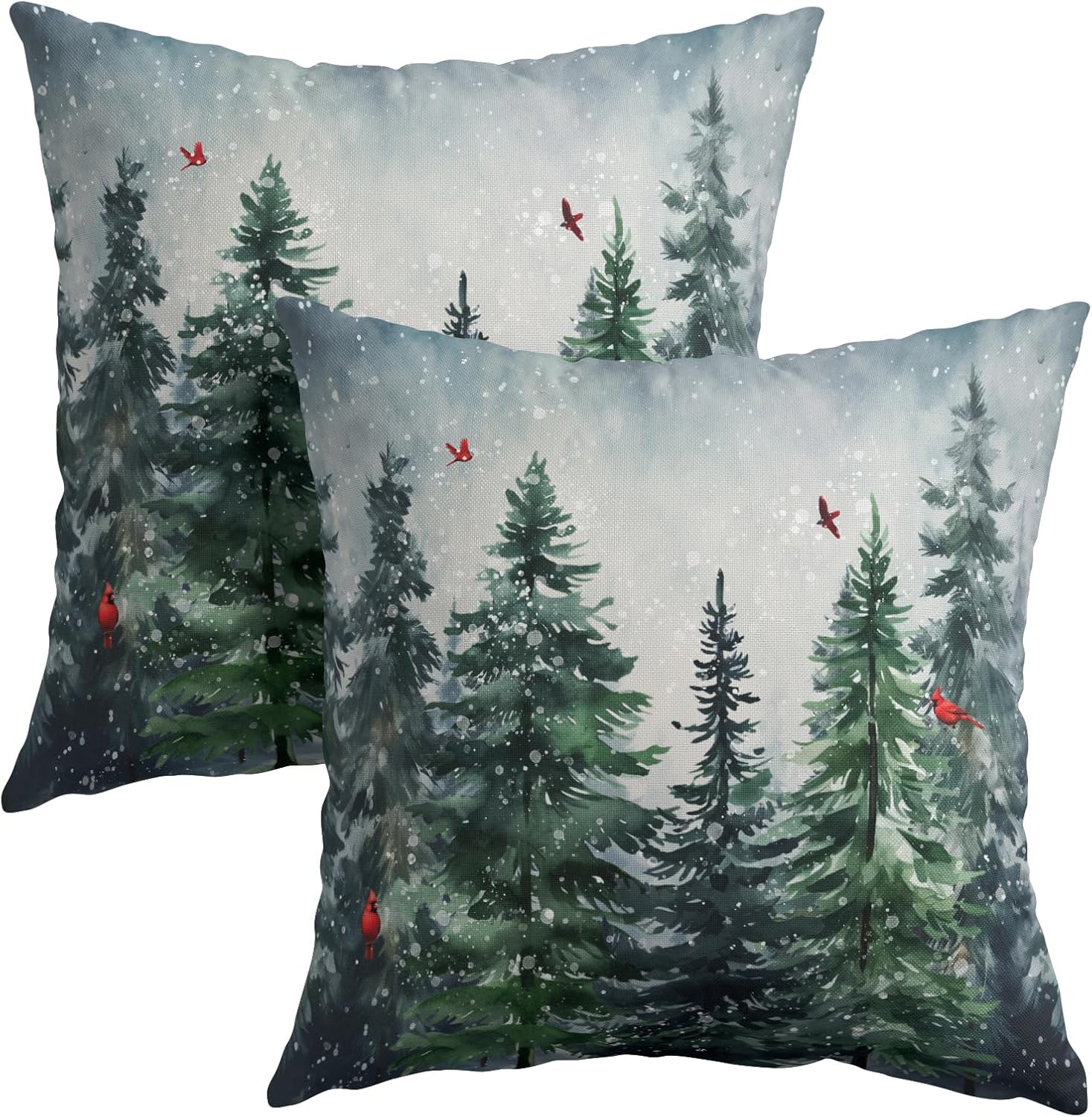 Granbey Green Tree Throw Pillow Covers Winter Snowy Forest Pillowcase 24x24 inch 2 PCS Nature Landscape Red Bird Decorative Cushion Cover f…