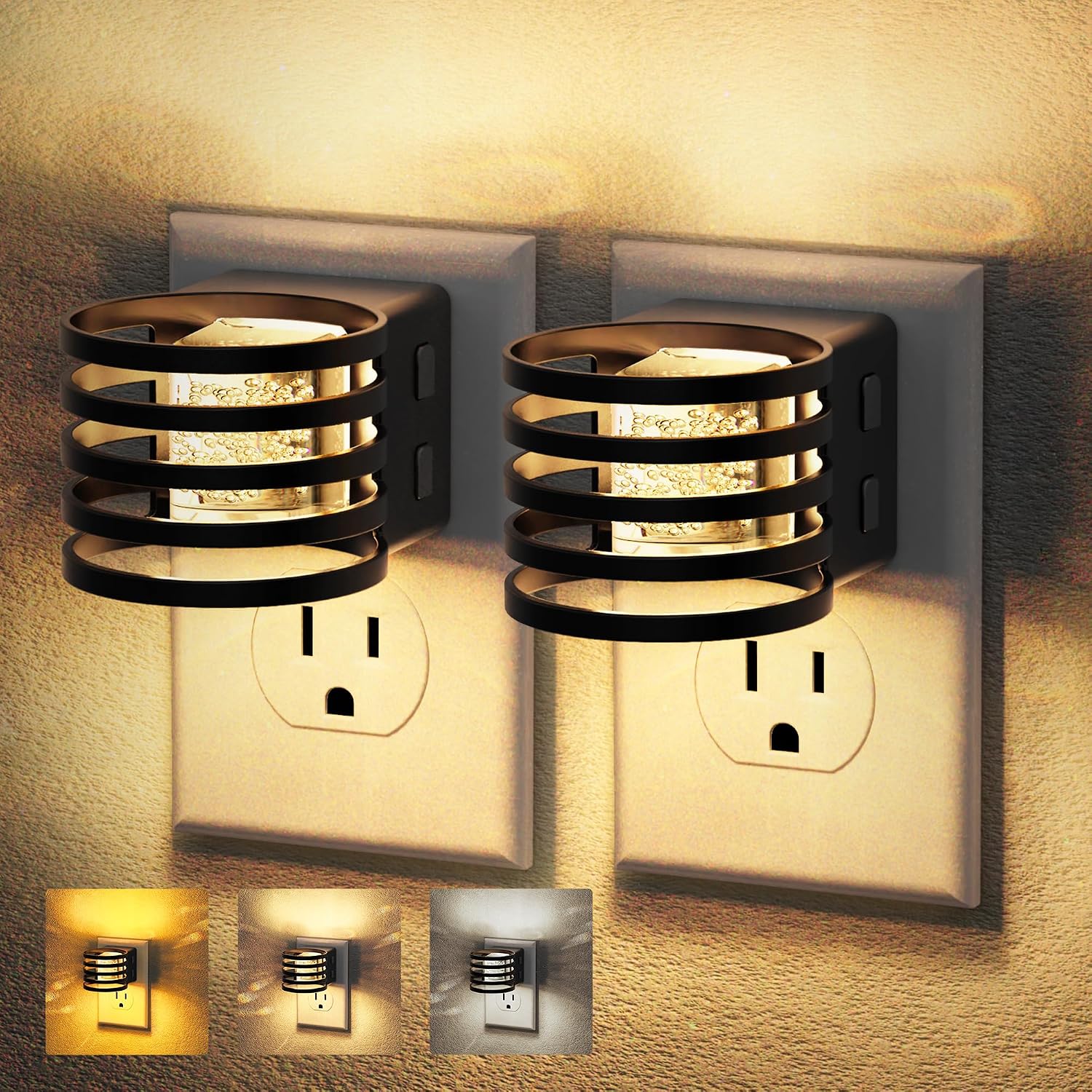 JandCase LED Night Light, [2 Pack] Bubble Night Lights Plug into Wall, Dimmable Nightlight with Dusk to Dawn Sensor, Amber/3000K/5000K &…