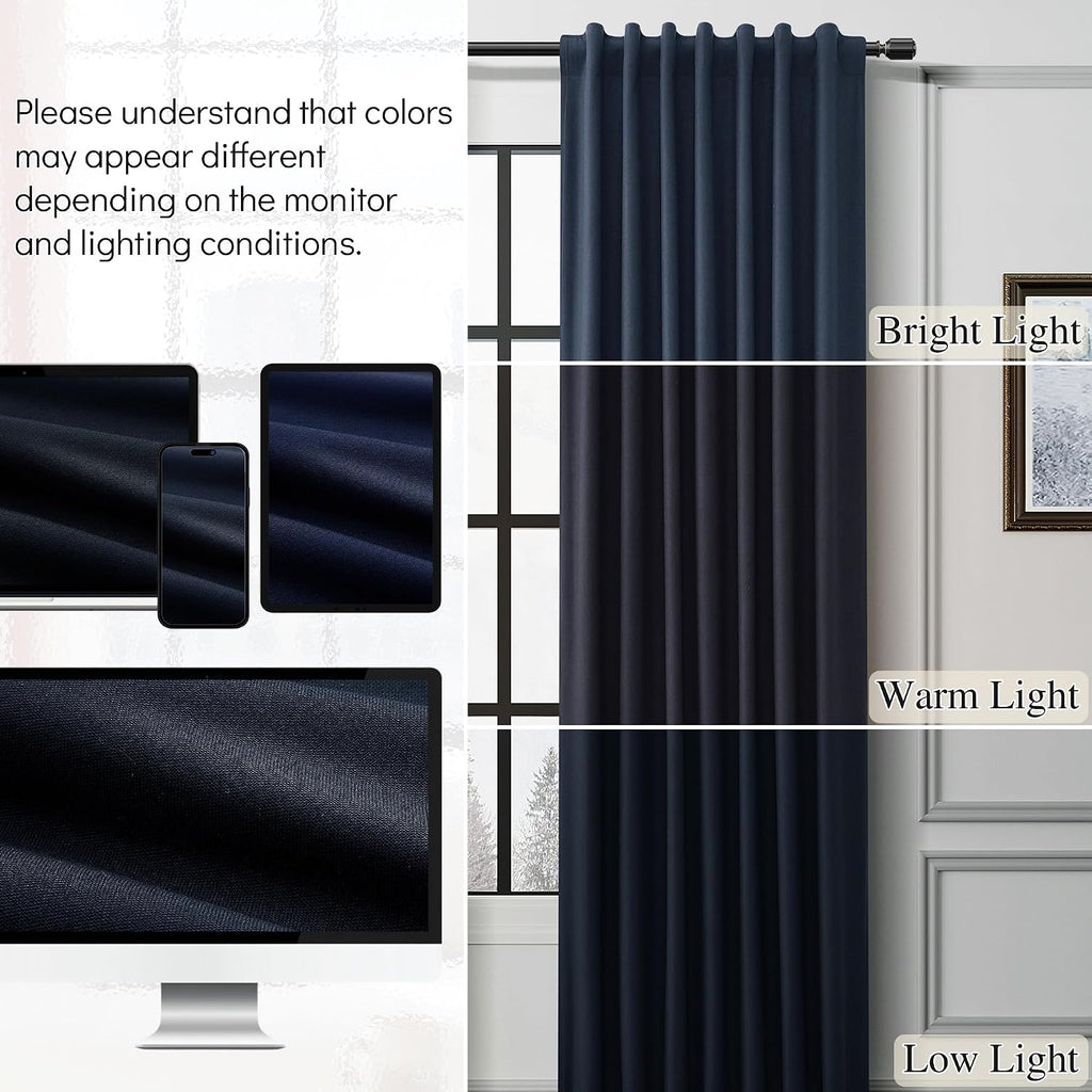 Guken Navy Blue 100% Blackout Linen Curtains for Bedroom 90 Inches Long 2 Panels Set Elegant Textured Back Tab Hook Belt Room Darkening The…