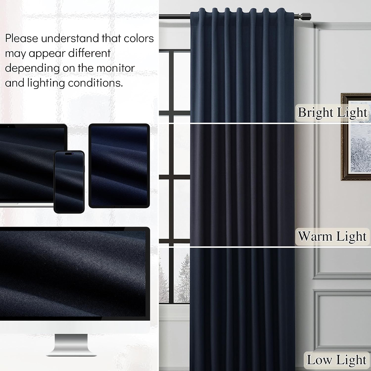 Guken Navy Blue 100% Blackout Linen Curtains for Bedroom 90 Inches Long 2 Panels Set Elegant Textured Back Tab Hook Belt Room Darkening The…