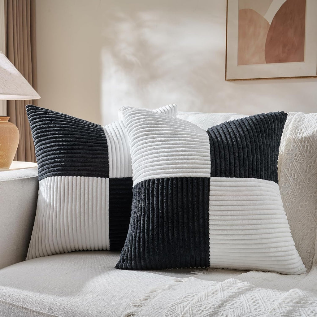 Fancy Homi Set of 2 Black White Decorative Throw Pillow Covers 18x18 Inch with for Couch Bed Sofa Living Room, Soft Cross Patchwork…