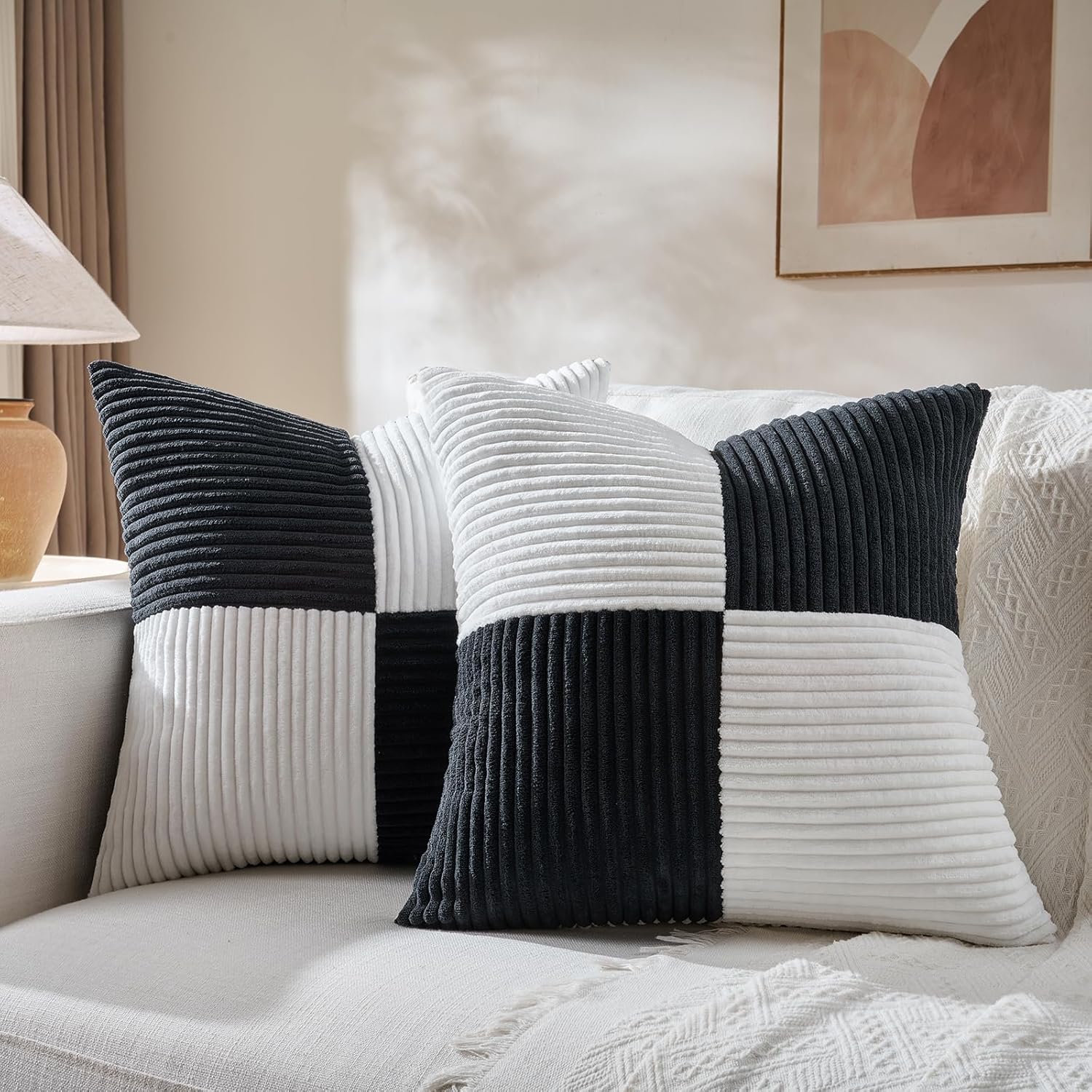 Fancy Homi Set of 2 Black White Decorative Throw Pillow Covers 18x18 Inch with for Couch Bed Sofa Living Room, Soft Cross Patchwork…