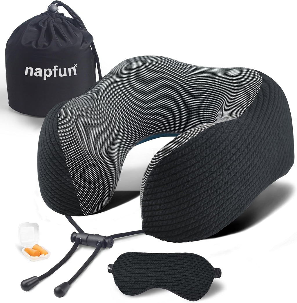 napfun Neck Pillow for Travel with Travel Pouch, Sleep Mask & Earplugs, Memory Foam Airplane Pillow for Headrest Sleep with Eyeshades…