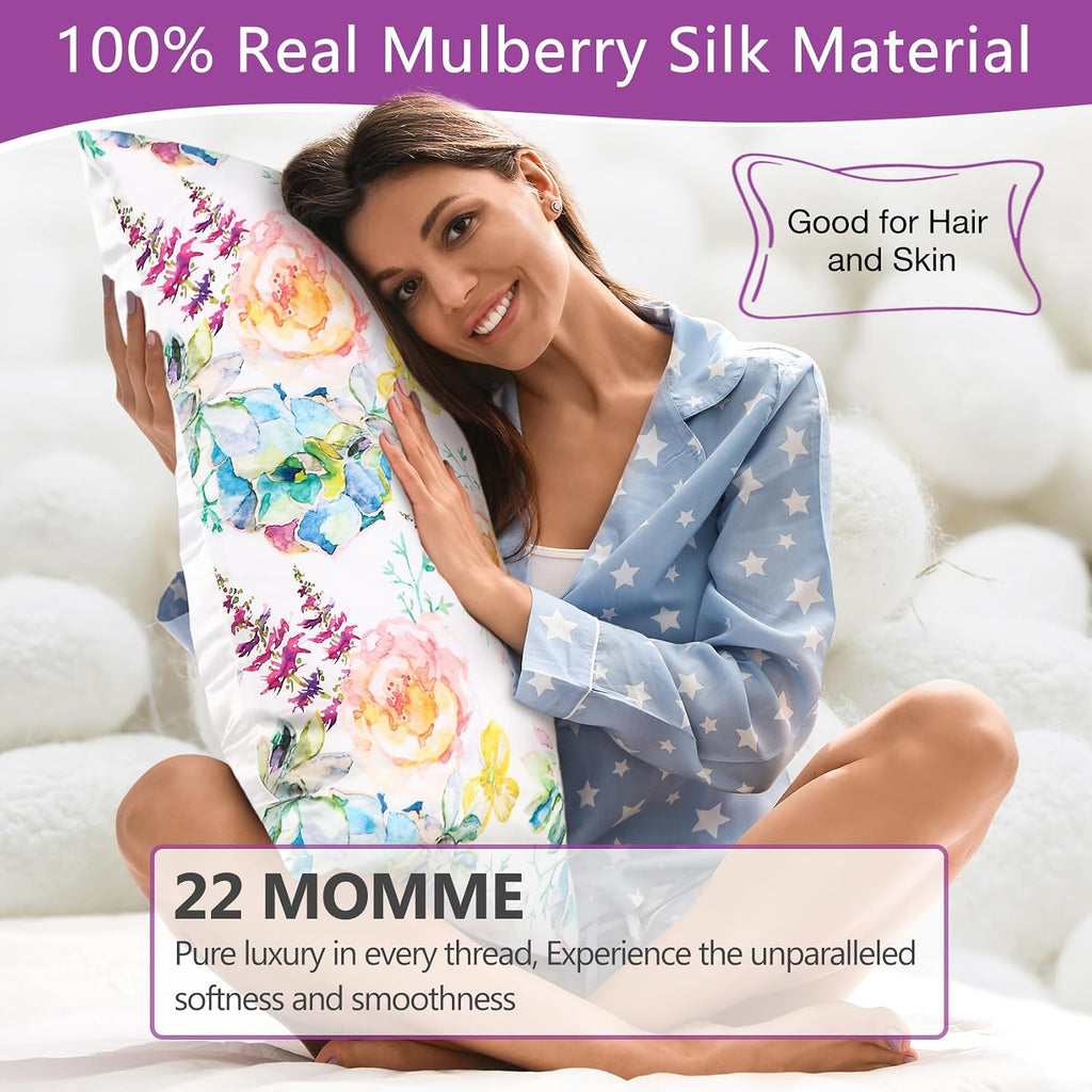 MANSPHIL Pink Blue Floral Silk Pillowcase King, Reversible Satin Pillow Cases for Hair and Skin Envelope Closure, 22 Momme 6A Grade 100%…