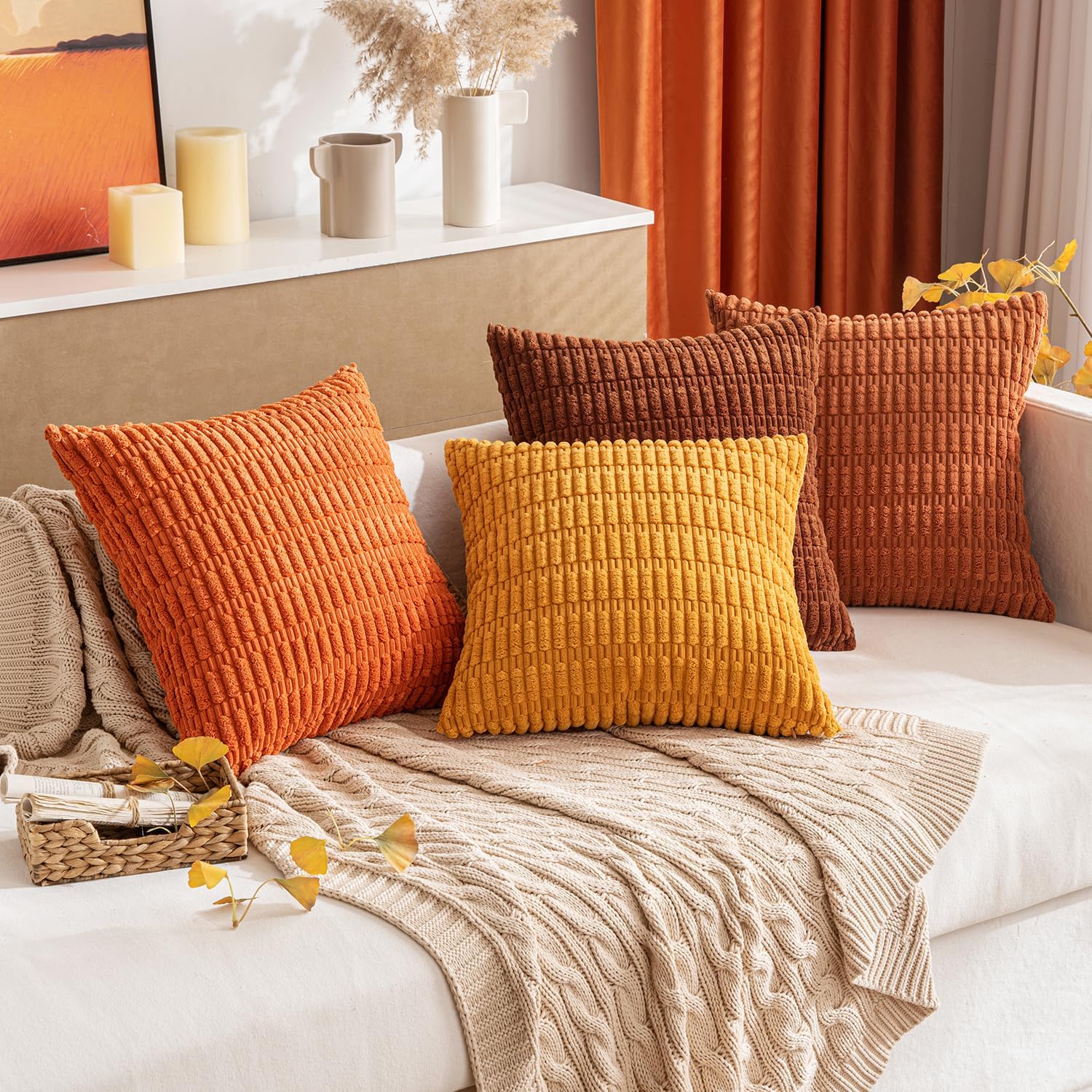 Miulee Pack of 2 Orange Corduroy Decorative Pillow Covers 18x18 Inch Soft Boho Striped Throw Pillow Covers Modern Farmhouse Home Decor for…