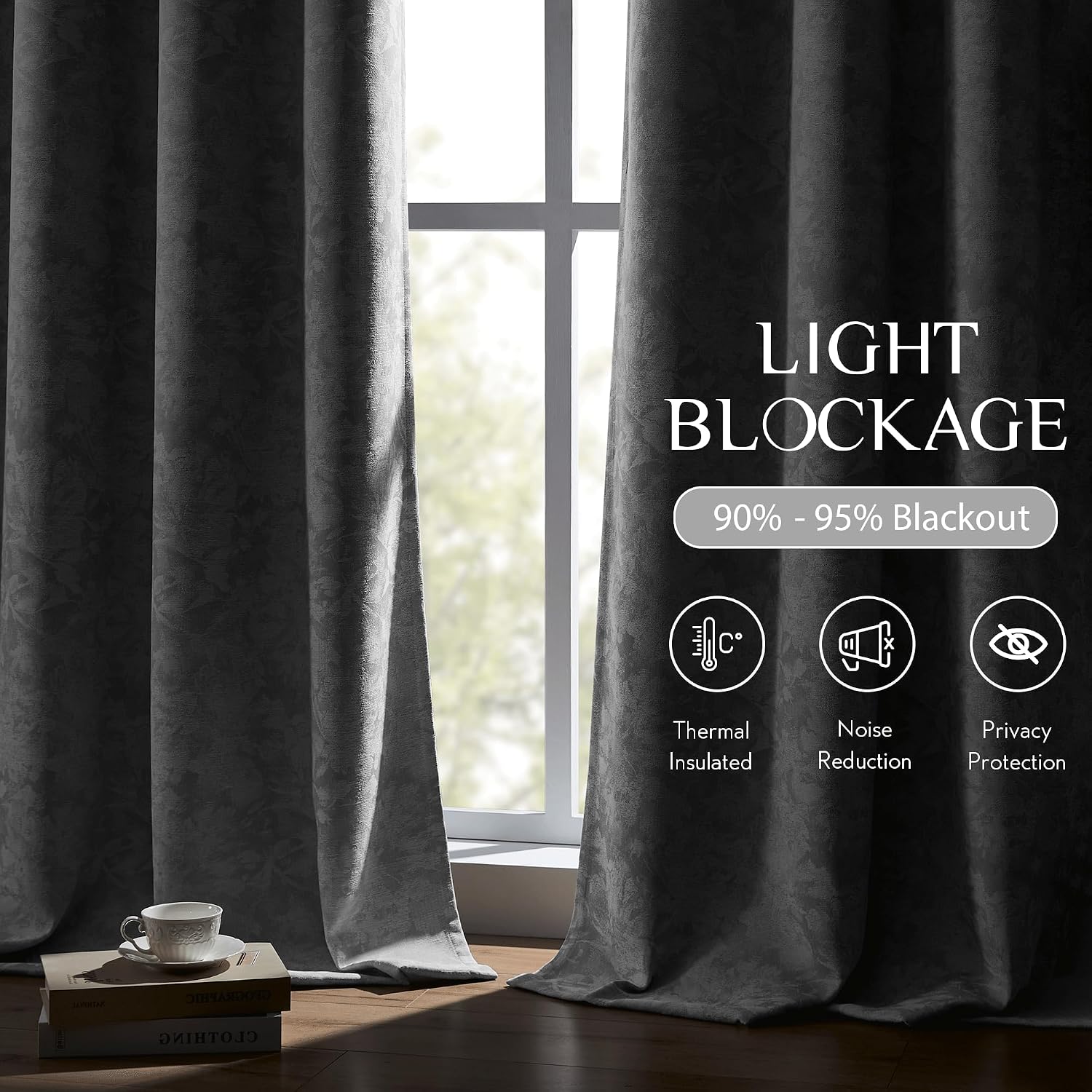 Beauoop Grey Floral Jacquard Blackout Curtains 72 Inches Long 2 Panels for Bedroom Living Room Chenille Flower Room Darkening Thermal…