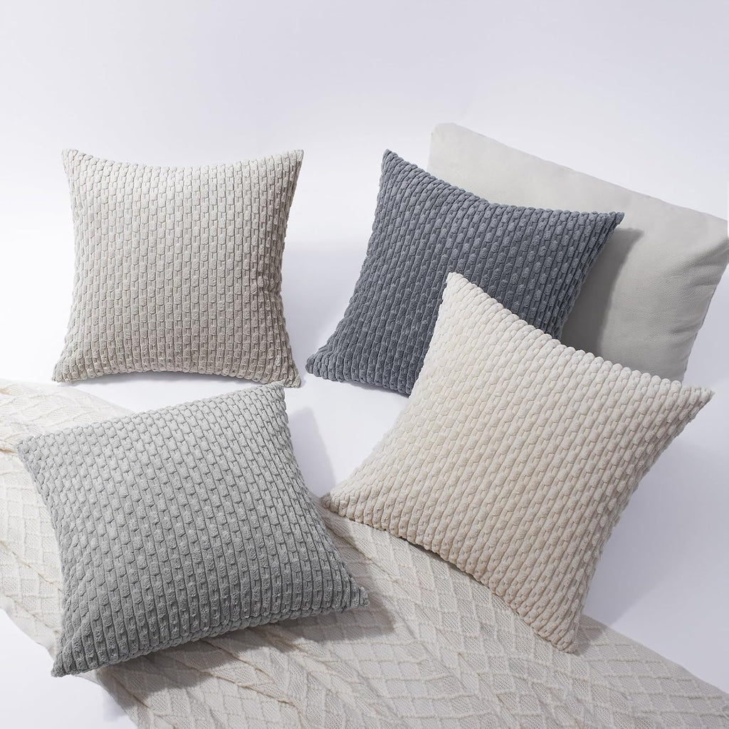 Softalker Throw Pillow Covers 18x18 Inch, Set of 4, Soft Corduroy Boho Stripe Decorative Pillow Cover, Couch Fluffy Pillow Cover for…