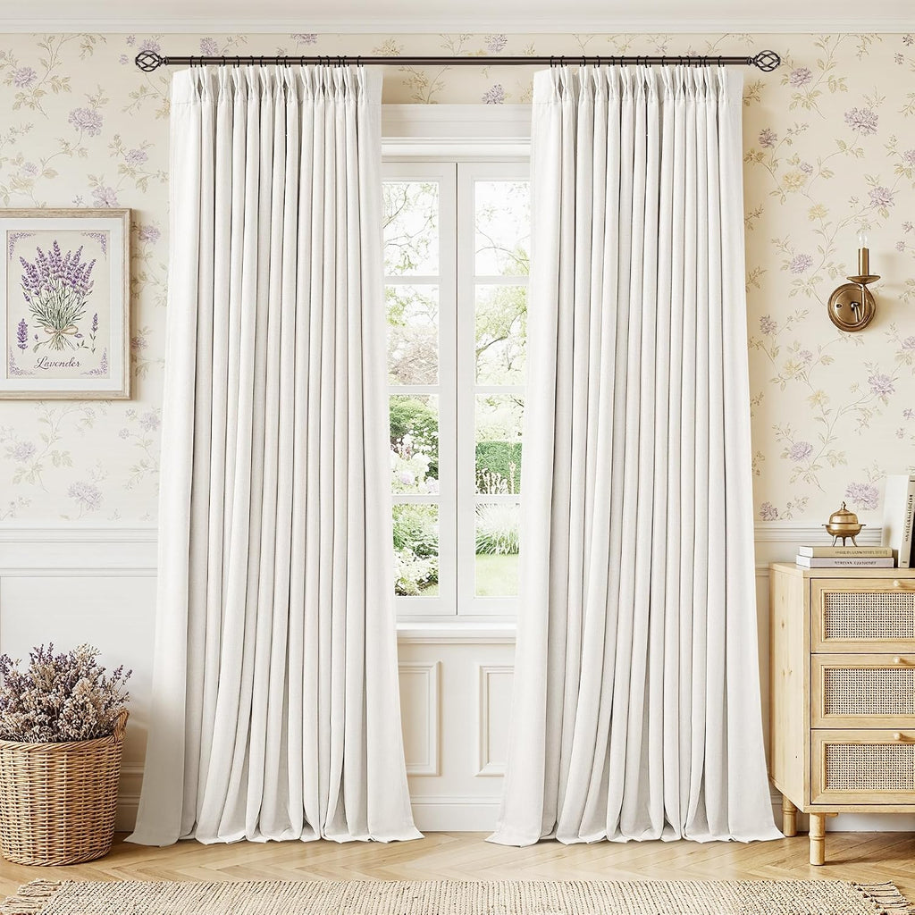 Twodrapes Ivory Cream Pleated 100% Blackout Linen Curtains 86 Inches Long for Bedroom Living Room Memory Trained Pinch Pleat Back Tab Black…